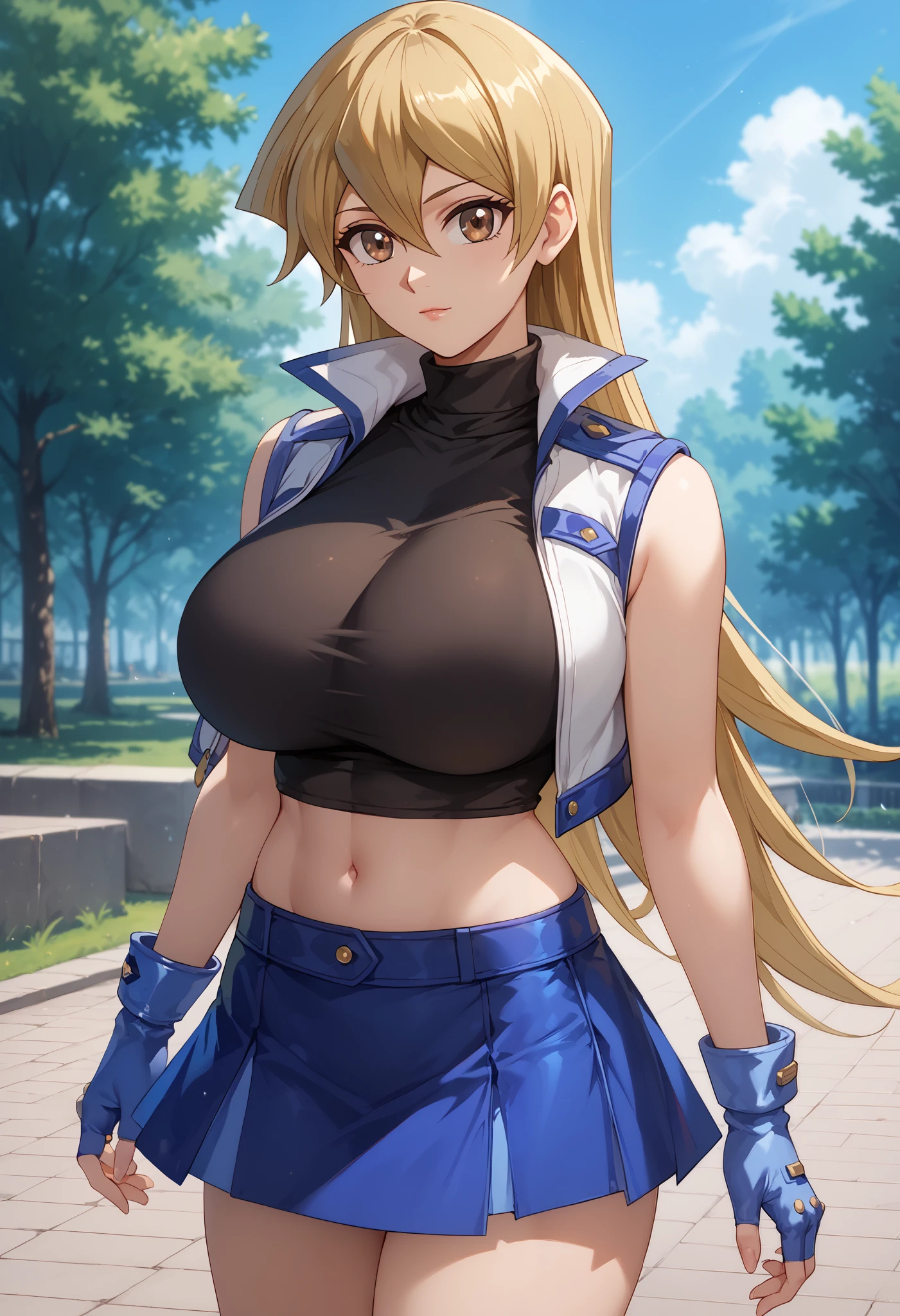 Perfect CG unity 8K UHD wallpaper, Perfect CG unity 8K UHD wallpaper, asuka tenjouin, blonde hair, brown eyes, hair between eyes, long hair, straight hair, very long hair, huge breasts, black turtleneck croptop, white jacket, sleeveless, fingerless gloves, blue gloves, miniskirt, blue skirt, cowboy shot, standing, open jacket, navel, outdoors, schoolyard