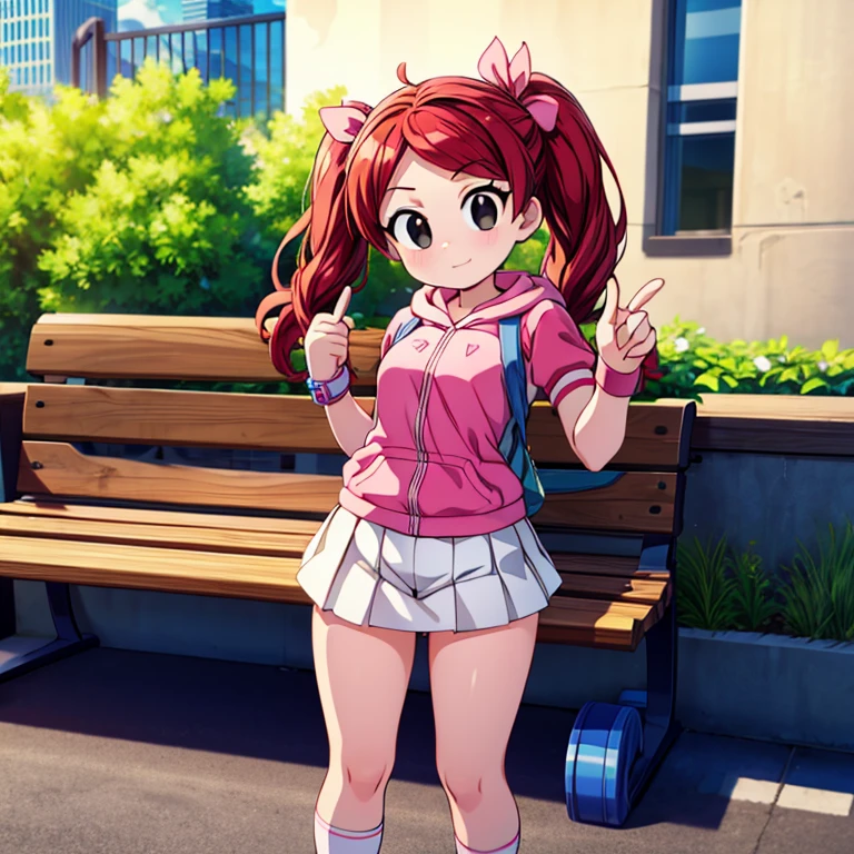 1girl, red hair, twintails, black eyes, hair bow, pink hoodie, short sleeves, wristband, white skirt, bike shorts, socks, sneakers, outdoors, park, bench, standing, pointing at viewer, wink, looking at viewer score_9, score_8_up, score_7_up, score_6_up, score_5_up, score_4_up, BREAK source_anime, masterpiece.  Indoor, intricate detail.

