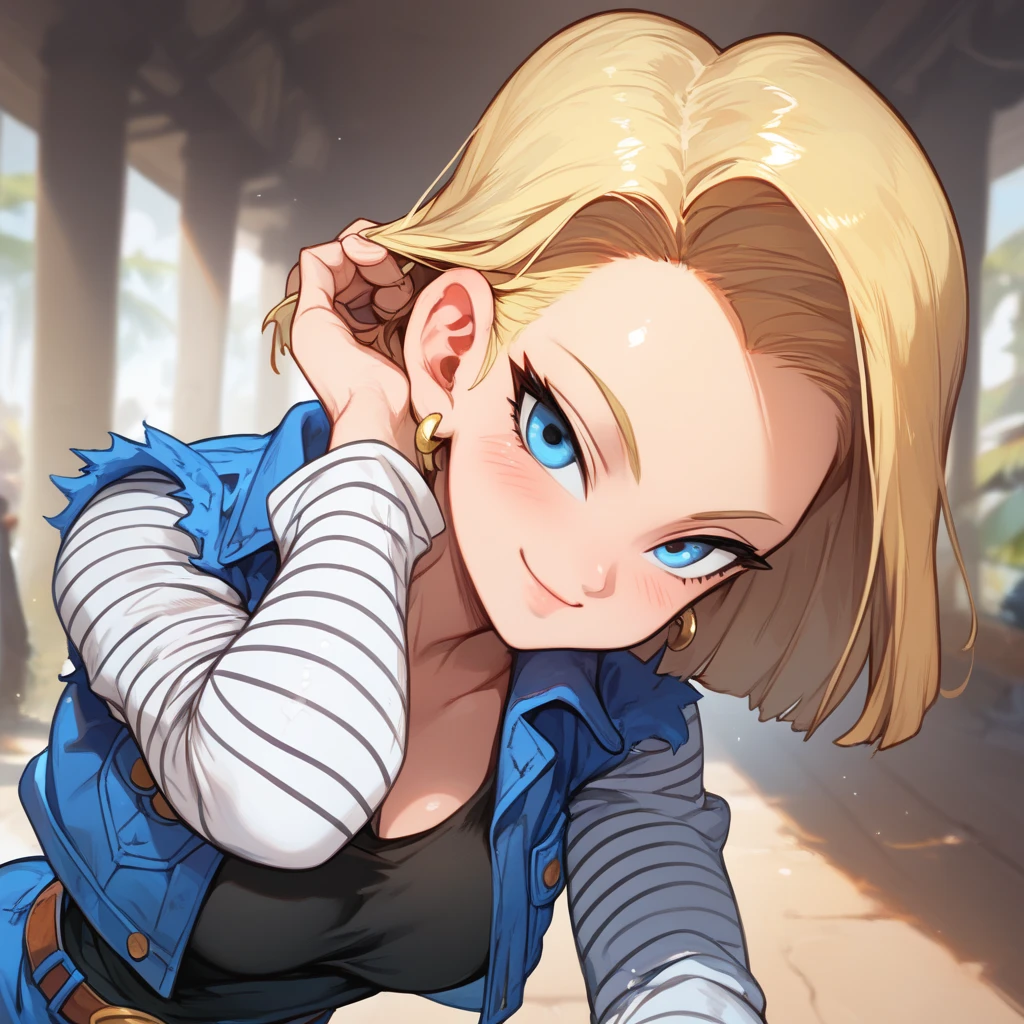 score_9, score_8_up, score_8, medium breasts, (curvy), cute, eyelashes,      ,,,  zzAndroid18, blue eyes, blonde hair, short hair, jacket, denim, denim jacket, jewelry, earrings, long sleeves, shirt, skirt, belt, stripes, 
(leaning forward, head tilt), blush, smug, horny, 
(adjusting hair), 
Upper body, 
BREAK, smile, looking at viewer, blush, blurry background, shiny skin, 
zPDXL, Expressiveh,