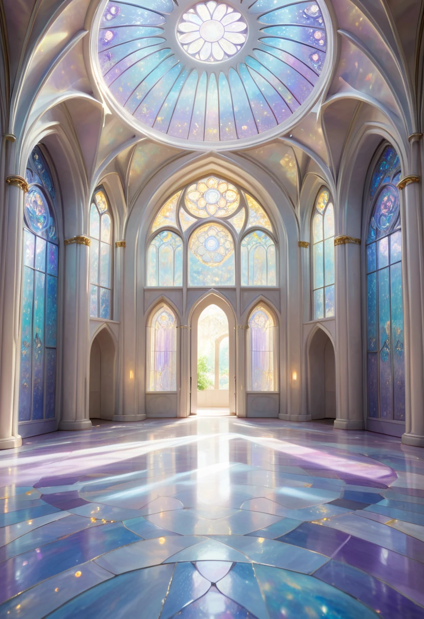 A grand magical entrance hall with high arched ceilings. Soft, ethereal light streams through stained glass windows. Five mystical doors float in a circular arrangement, each emanating different colored light (blue, white, purple, silver, and gold). The floor is made of crystalline material with star patterns that ripple with light when stepped on. Art style: Ghibli-inspired, detailed but gentle, dreamlike quality.