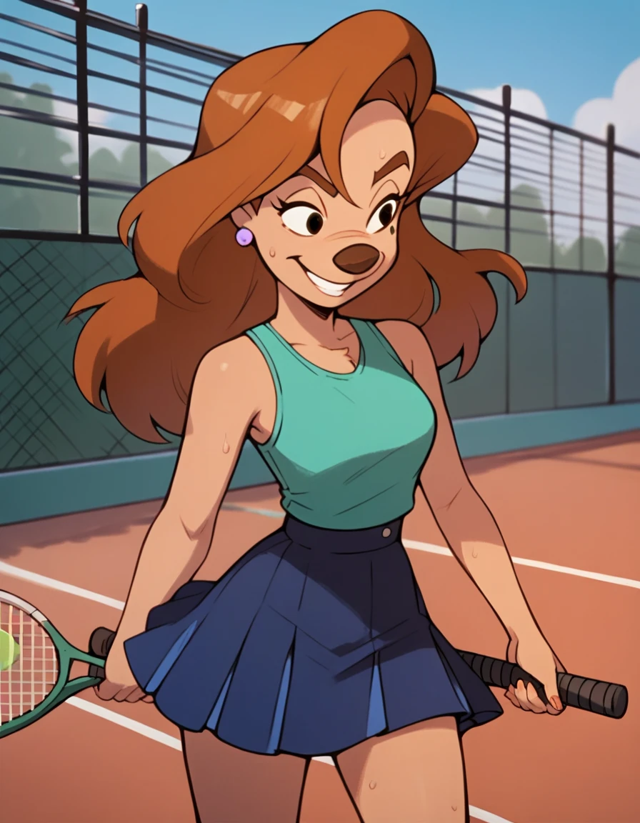 roxanne, 1girl, brown hair, long hair, solo, earrings, black eyes, green tanktop , determated smile, furry female, blue skirt,, score_9, score_8_up, score_7_up, score_6_up, score_5_up, score_4_up, tennis court, holding tennis racket, sweaty