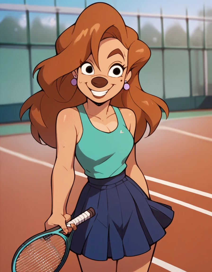 roxanne, 1girl, brown hair, long hair, solo, earrings, black eyes, green tanktop , determated smile, furry female, blue skirt,, score_9, score_8_up, score_7_up, score_6_up, score_5_up, score_4_up, tennis court, holding tennis racket, sweaty