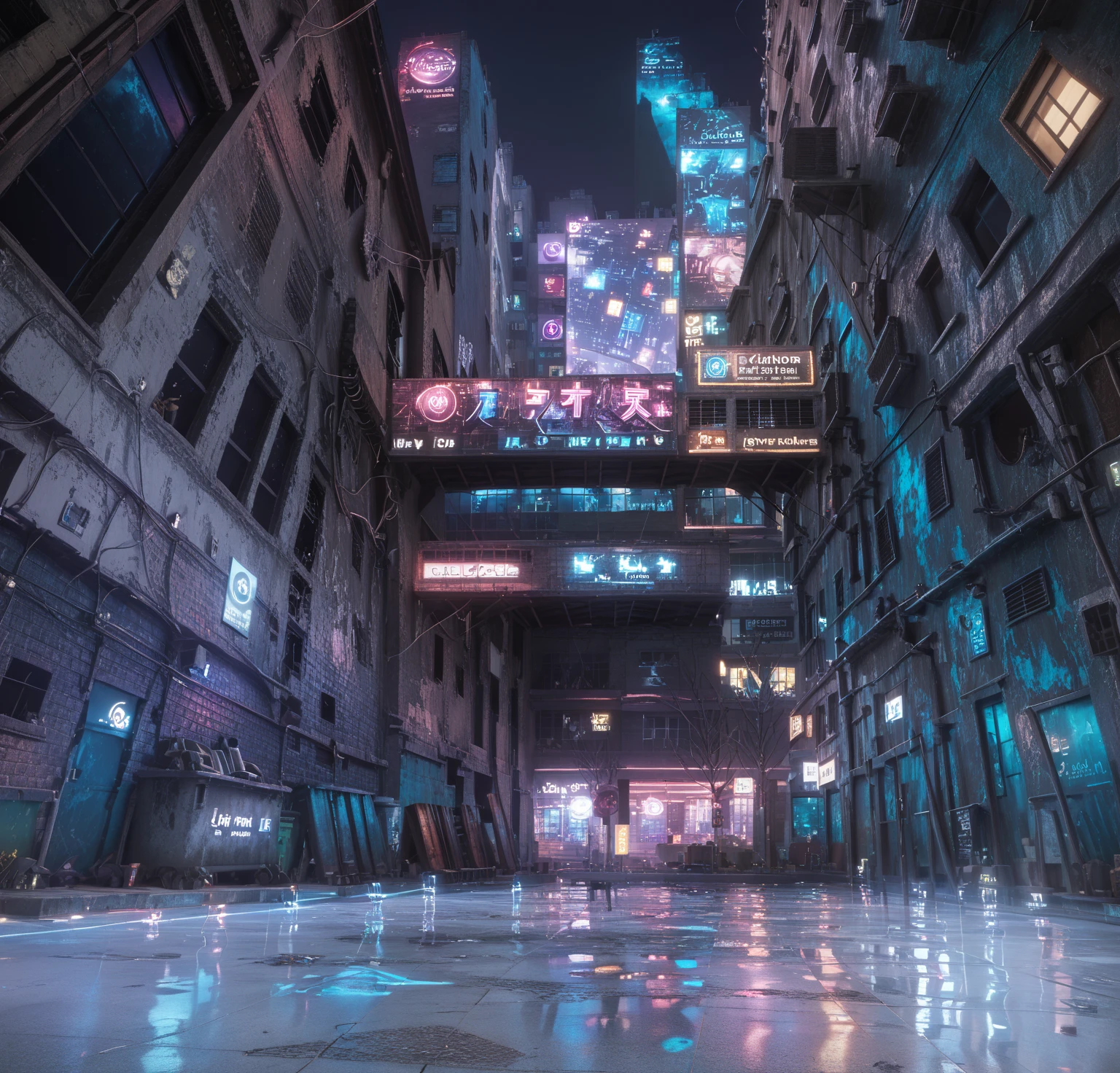 Looking up，The camera is close to the ground ， An alley with neon lights at night ，Low-lying ground ， Realistic floor texture ， An abandoned low building on both sides of the picture ， A shabby low building ， The outside of the building is covered with pipes ，electric wire， Close to the wall ， You can see a silhouette of a skyscraper in the distance， There are neon signs hanging between the two buildings ， The sign emits blue and purple lights ，UE5 Rendering，3D Rendering，3D Model，Cartoon Characters， five-head proportional figure， cartoon style 