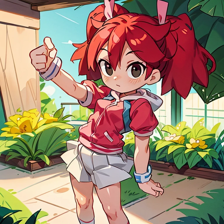 1girl, red hair, twintails, black eyes, hair bow, pink hoodie, short sleeves, wristband, white skirt, bike shorts, socks, sneakers, outdoors, park, bench, standing, pointing at viewer, wink, looking at viewer score_9, score_8_up, score_7_up, score_6_up, score_5_up, score_4_up, BREAK source_anime, masterpiece.  Indoor, intricate detail.

