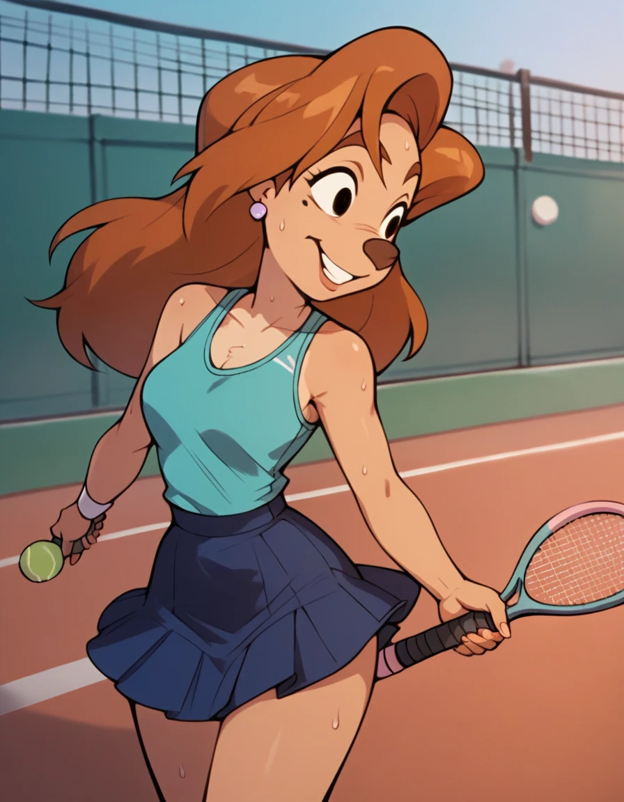 roxanne, 1girl, brown hair, long hair, solo, earrings, black eyes, blue tanktop , determated smile, furry female, blue skirt,, score_9, score_8_up, score_7_up, score_6_up, score_5_up, score_4_up, tennis court, holding tennis racket, sweaty