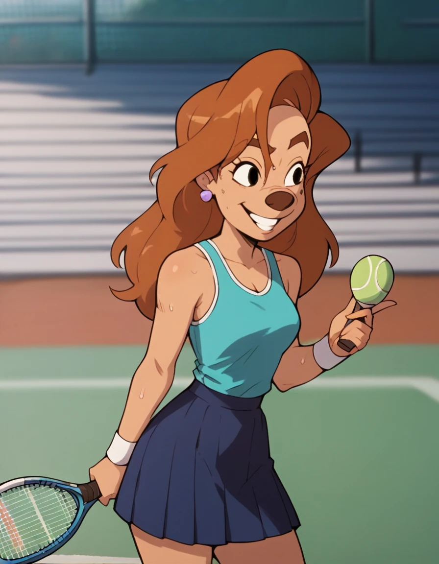 roxanne, 1girl, brown hair, long hair, solo, earrings, black eyes, blue tanktop , determated smile, furry female, blue skirt,, score_9, score_8_up, score_7_up, score_6_up, score_5_up, score_4_up, tennis court, holding tennis racket, sweaty