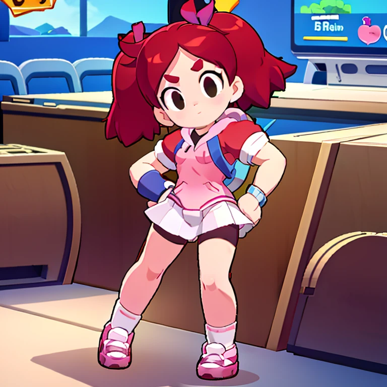 1girl, red hair, twintails, black eyes, hair bow, pink hoodie, short sleeves, wristband, white skirt, bike shorts, socks, sneakers, outdoors, park, bench, standing, pointing at viewer, wink, looking at viewer score_9, score_8_up, score_7_up, score_6_up, score_5_up, score_4_up, BREAK source_anime, masterpiece.  Indoor, intricate detail.

