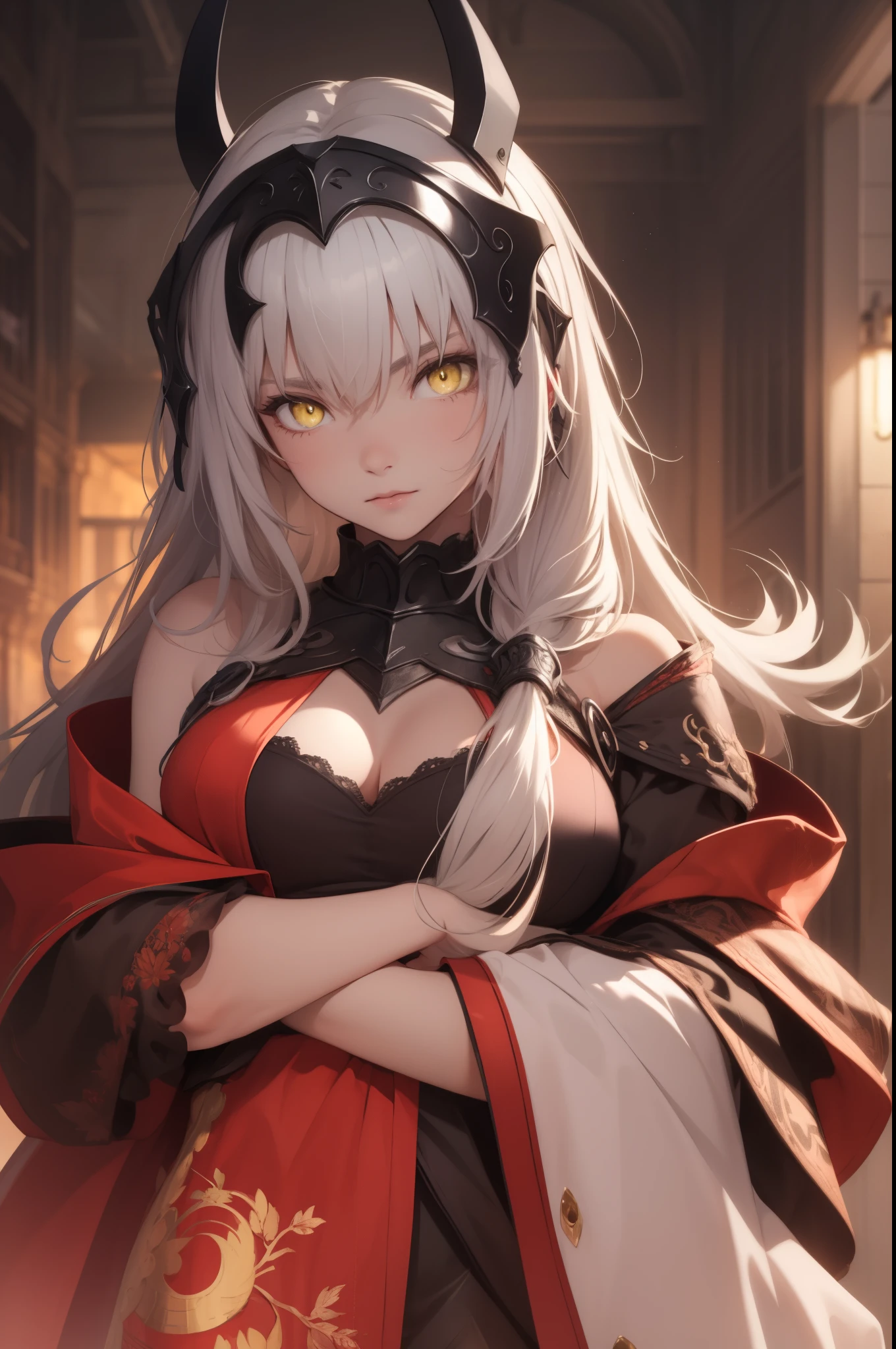 jalter, jalter, white hair, (yellow eyes:1.5), headpiece, ahoge, long hair, very long hair,
BREAK 
BREAK 
BREAK (masterpiece:1.2), best quality, high resolution, unity 8k wallpaper, (illustration:0.8), (beautiful detailed eyes:1.6), extremely detailed face, perfect lighting, extremely detailed CG, (perfect hands, perfect anatomy),