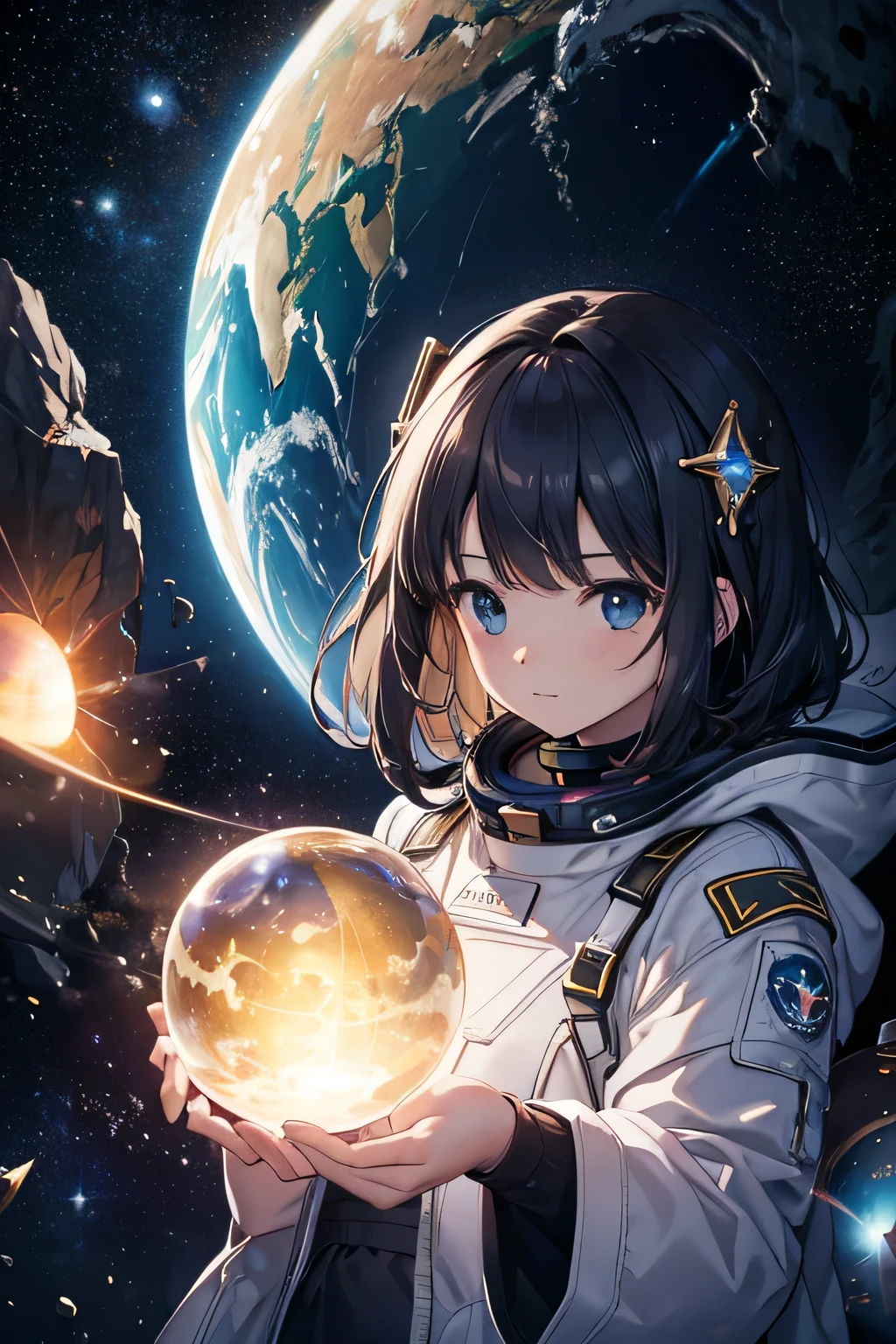 best quality, (masterpiece), Ultra-detailed, (novel illustration:1.2), (korean webtoon style:1.2), (bold line), (highres:1.2), dramatic light, 1girl, observatory, looking at space through long Telescope, space, planets, falling stars, light lines among planets, looking above, beutiful face, cogwheels