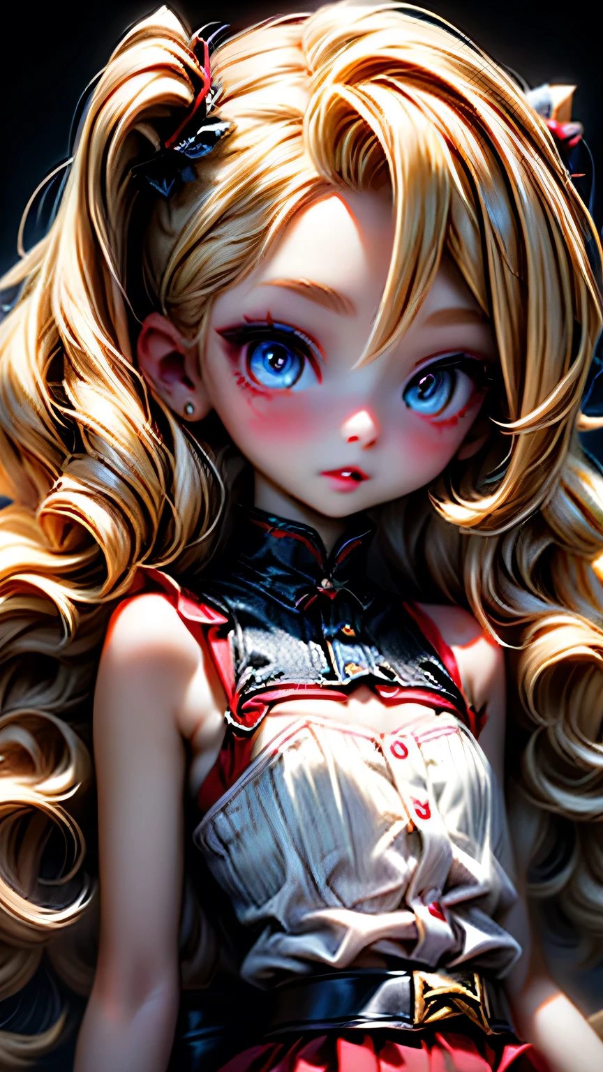 (Female)、Red Makeup、Red lipstick、 blond hair stroked on the back、 detailed face 、 detailed lips from home、 detailed eyes on board、( beautiful eyes)、( beautiful face)、((Blue garter set､)))、 black background