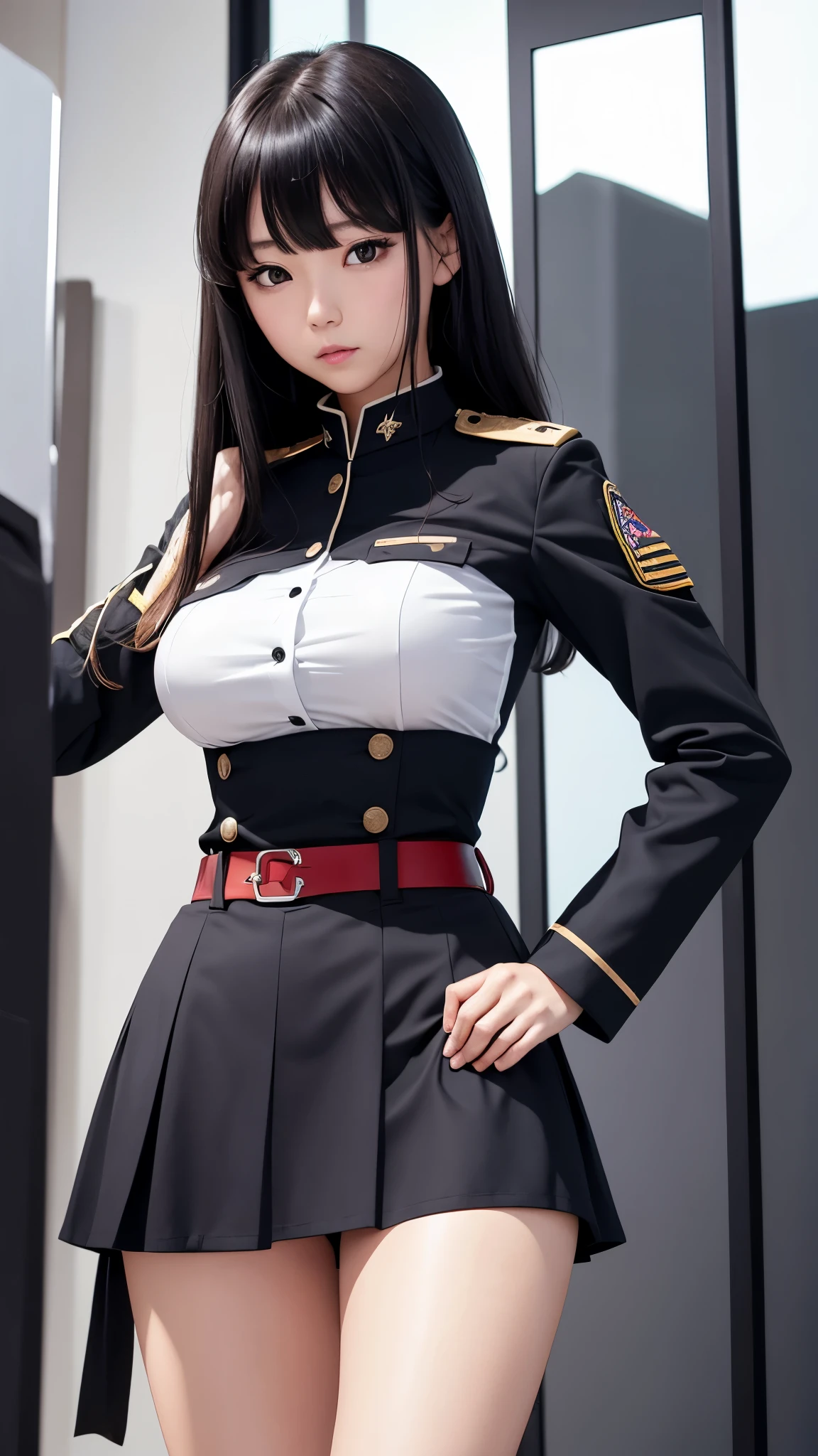 Arafed woman in uniform posing in front of a glass wall - SeaArt AI