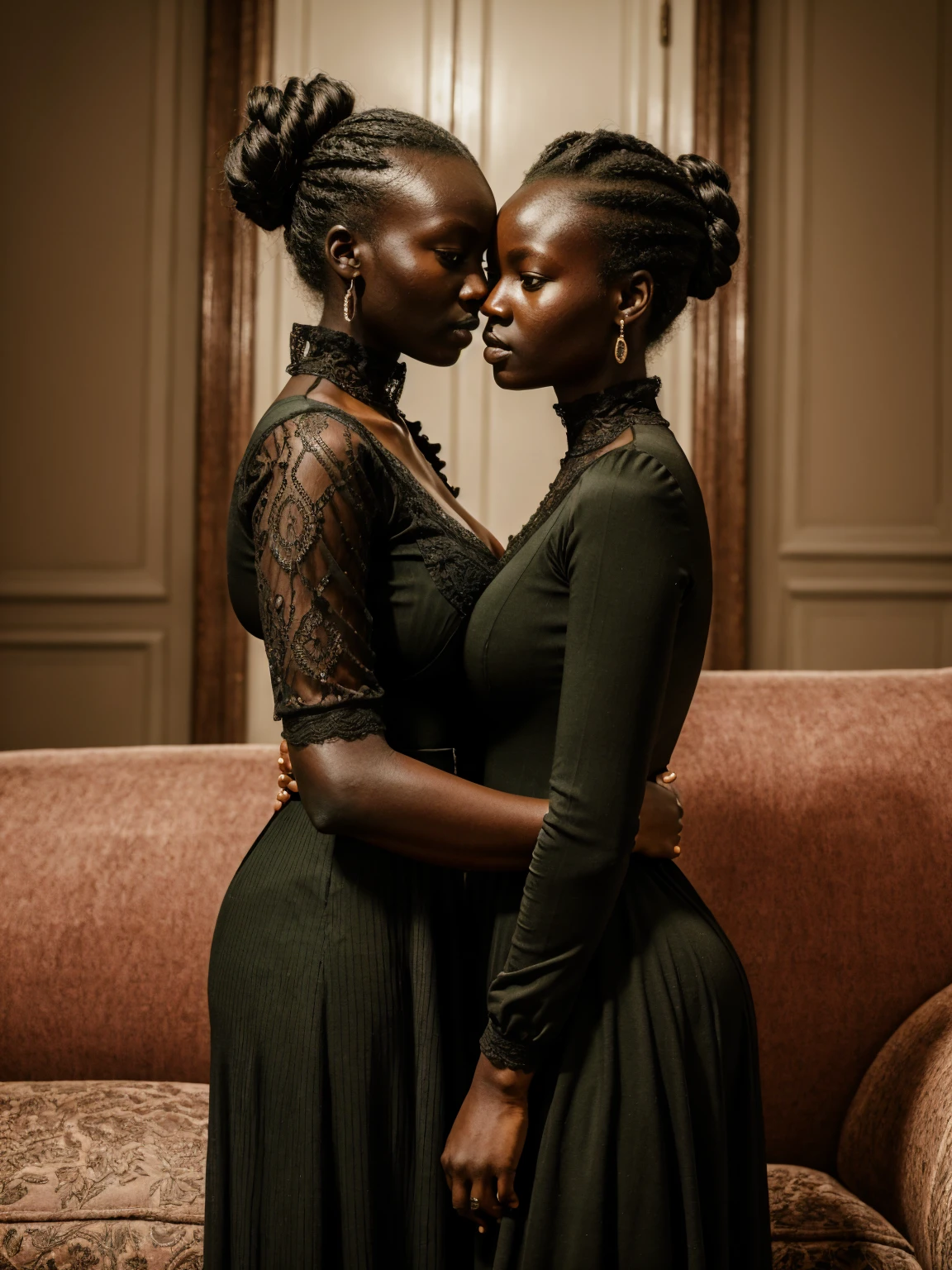 a detailed portrait of two beautiful teenies girls with dark skin, ajak deng, bun hairstyle, a detailed portrait of two beautiful african hautains girls with dark skin hugging at sofa baroque, ajak deng, bun hairstyle, glossy makeup, wearing green victorian dress, daguerreotype, Long sleeves Round neck ,victorian lace dress maxi (((tight))) col haut,(Huge breasts:1.1), extremely detailed 8k wallpaper) ,soft lighting, high quality, film grain, Fujifilm XT3 sharp focus, f 5.6, 24mm, High Detail, Sharp focus,(natural light), crazy details, complex details, hyperdetailed, seen from far, holding a bouquet of flowers