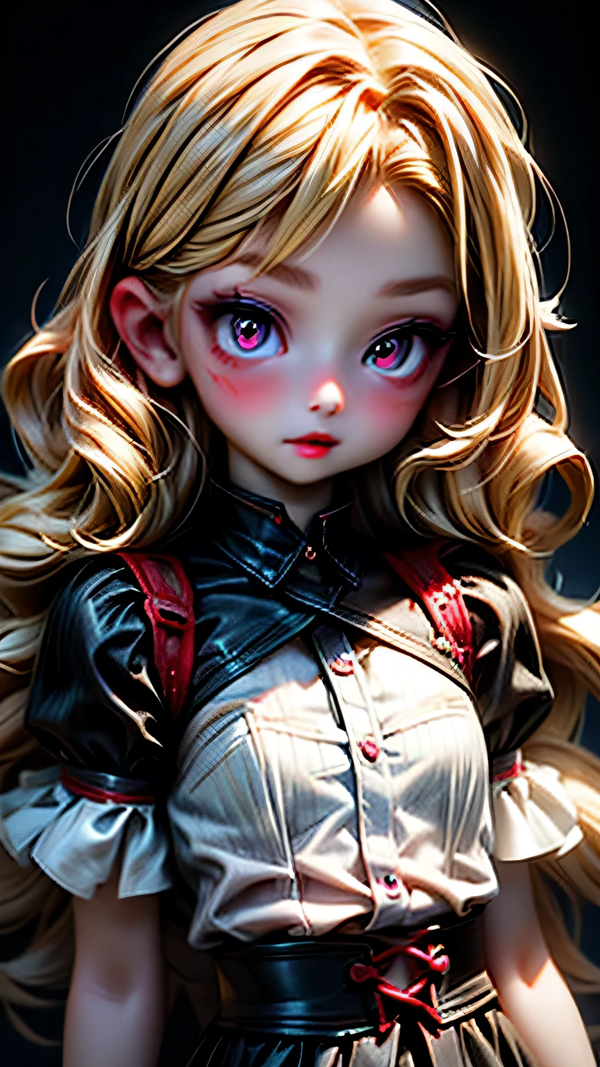 (Female)、Red Makeup、Red lipstick、 blond hair stroked on the back、 detailed face 、 detailed lips from home、 detailed eyes on board、( beautiful eyes)、( beautiful face)、((Blue garter set､)))、 black background