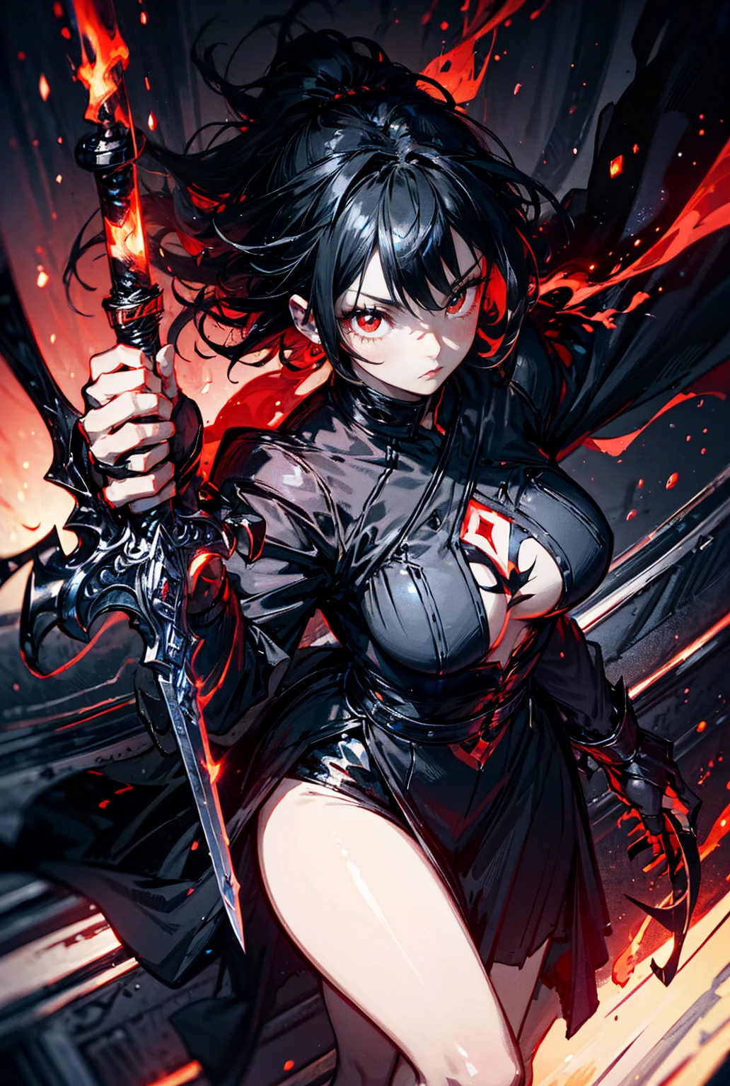 1lady,solo,cool,knight,holding a sword,fantastic, look suspicious,(((black and red aura))),monochrome,monograph,black hair,(((beautiful red eyes))),
flame sword,shadow,