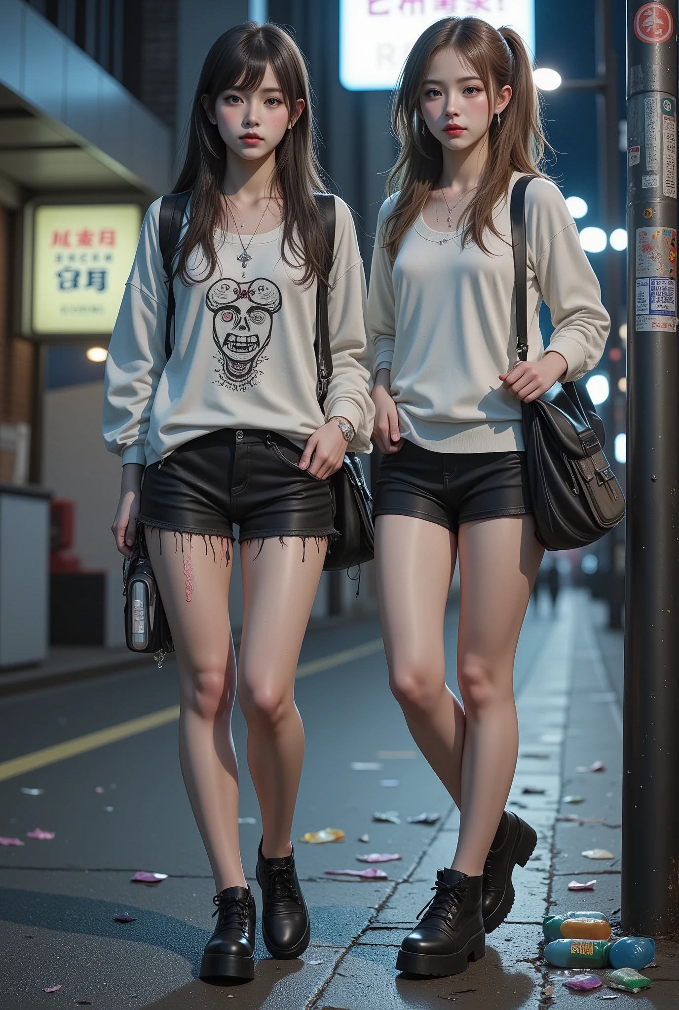 nsfw, low ambient light, flash, super detailed, photorealistic, 2girl, (beautiful girl, street prostitute, illegal), full body, korean girl,
(high resolution, masterpiece, highest quality:1.4), realistic, photo, amazing detail, 8k, high resolution, amazing many layers,
2girl, beautiful girls, Toyoko s, begging girls, poor girls, runaway girls, menhera girls, colorful, two girls standing, two girls are different in height, one is a little chubby, one has a lot of freckles, two girls have different hairstyles, one has super big breasts, one has a super mini skirt, one is wet,
girls wear simple casual wear of their own choice,
girls wear gothic lolita clothes,
girls wear hairstyles of their own choice,
girls are dirty,
girls' clothes are worn out,
girls' clothes are dirty,
girls' clothes are damaged,
girls wear cheap hair accessories, They are wearing cheap necklaces, cheap bracelets, cheap anklets,
the girls are carrying dirty carry-on bags,
the girls are carrying shopping bags full of plastic bottles and snacks,
they are carrying smartphones, freckles,
one girl has urine stains on her bottoms,
one is leaking urine, with urine running down her leg,
one girl has her clothes pulled up to expose her breasts,
downtown at night, a park at night,
garbage scattered on the street,