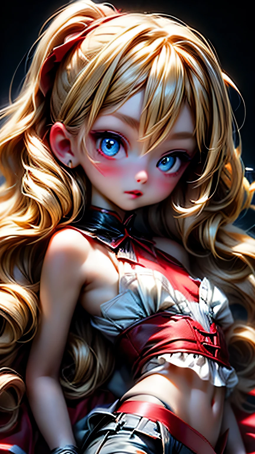 (Female)、Red Makeup、Red lipstick、 blond hair stroked on the back、 detailed face 、 detailed lips from home、 detailed eyes on board、( beautiful eyes)、( beautiful face)、((Blue garter set､)))、 black background