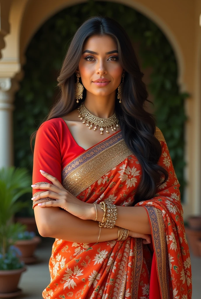 Beautiful indian Academic regalia  educated wealthy good woman posing, straight photoshoot pose, detailed face, cute, big eyes, iconic, photorealistic, detailed background, big breasts, with full thin saree, long wavy hair, cleavage, symmetric face, masterpiece, 8k, ultra realistic is in chair