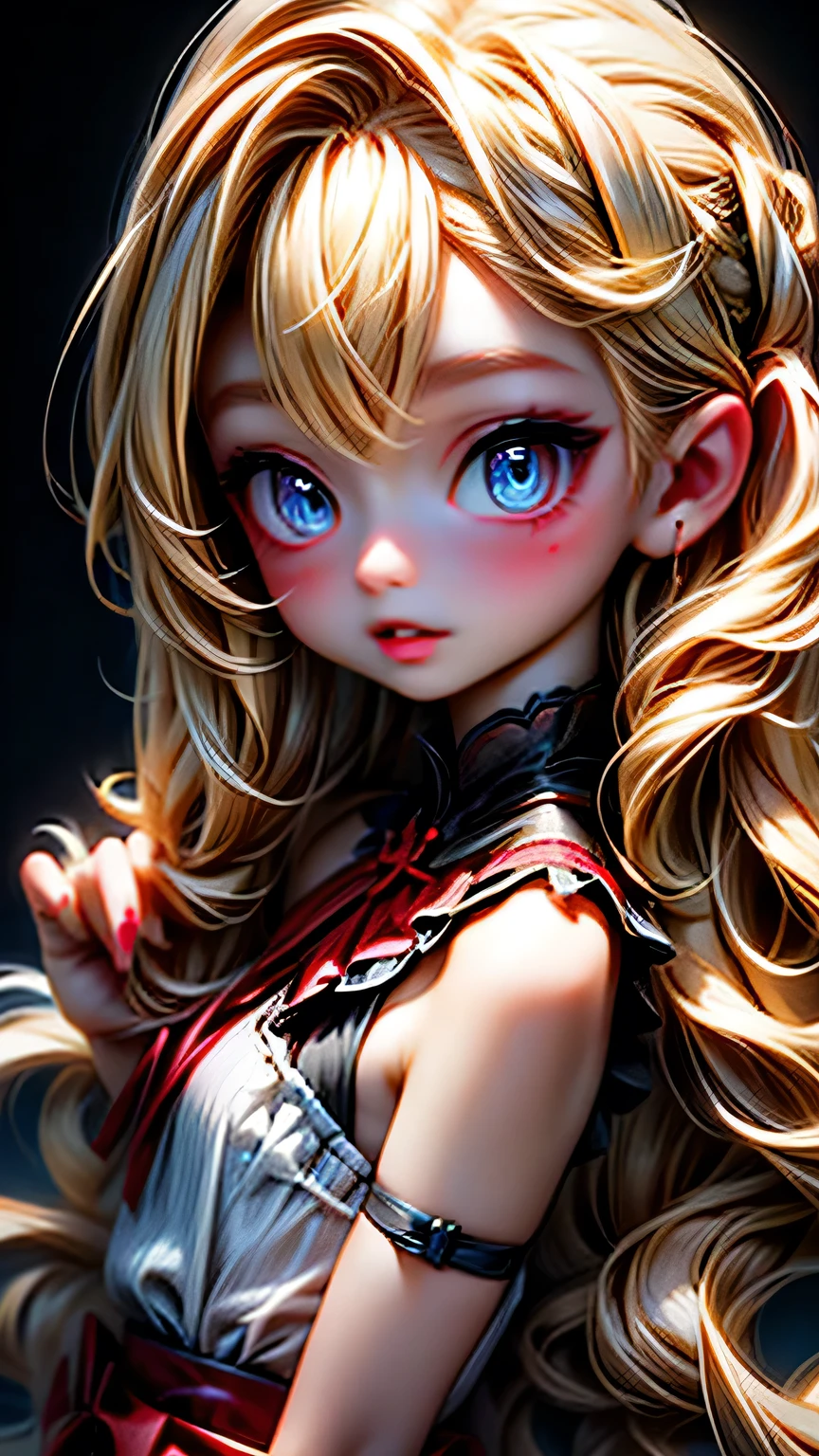 (Female)、Red Makeup、Red lipstick、 blond hair stroked on the back、 detailed face 、 detailed lips from home、 detailed eyes on board、( beautiful eyes)、( beautiful face)、((Blue garter set､)))、 black background