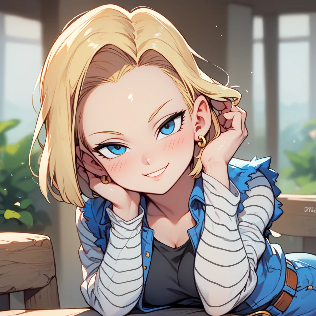 score_9, score_8_up, score_8, medium breasts, (curvy), cute, eyelashes,      ,,,  zzAndroid18, blue eyes, blonde hair, short hair, jacket, denim, denim jacket, jewelry, earrings, long sleeves, shirt, skirt, belt, stripes, 
(leaning forward, head tilt), blush, smug, horny, 
(adjusting hair), 
Upper body, 
BREAK, smile, looking at viewer, blush, blurry background, shiny skin, 
zPDXL, Expressiveh,