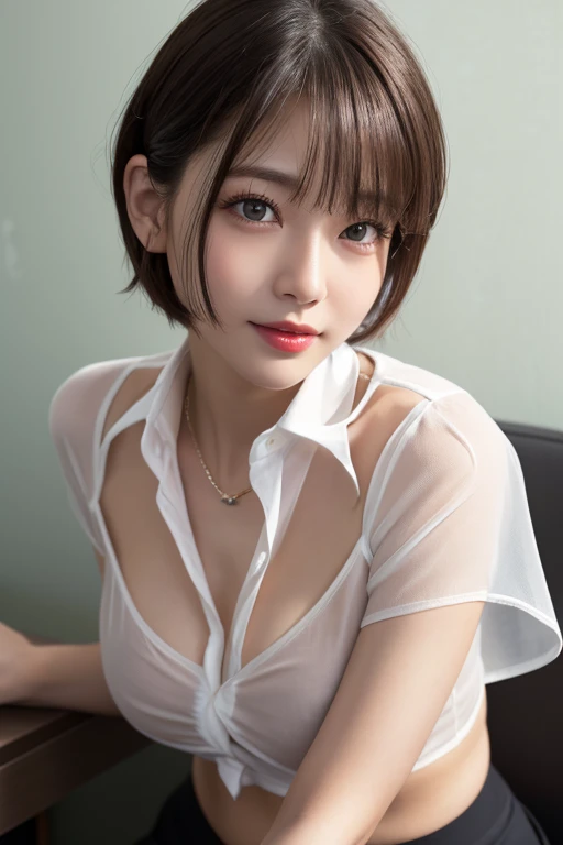 (8k, highest quality, masterpiece: 1.2), (Realistic, Realistic: 1.3), Very detailed, 1 girl, Mid-chest, Beautifully detailed skies, Detailed Cafe, night, (blush), (smile: 1.15), (Mouth closed), (Collared shirt: 1.1), night, Wet, Office Clothes, rain, White lace, (short hair: 1.2), Floating hair , Random sexy poses,Bare chest