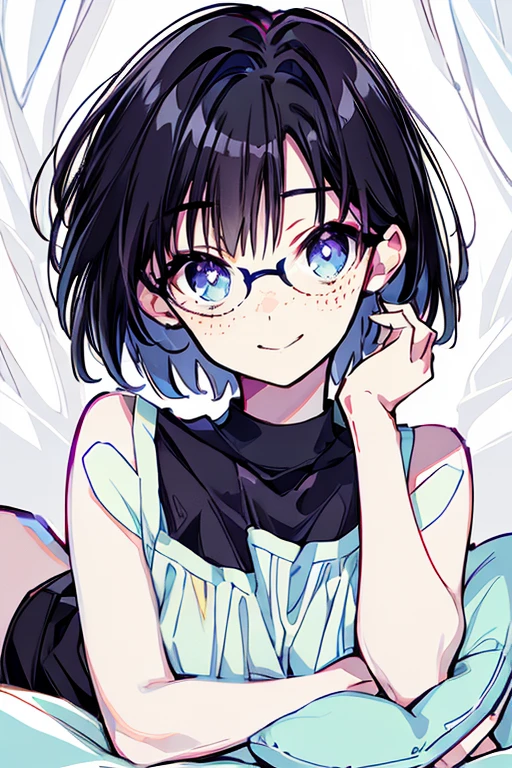 best quality,ultra detailed,supper fine illustration,hires,official art, Woman with short black hair and long, long eyes wearing glasses, full body,  cheerleader, hot, cute, Freckles, many Freckles, Freckles on face, ,  teenager,  lying on bed ,  orgasm,  Head On Pillow ,  lies in bed, sleep,  Light Blue Eyes, Almost naked,  nudes,  American Girl , 紫と白の cheerleaderブラ,  Purple Miniskirt , Small Top,  Big Breasts ,  Hands Spread Over Her Head ,  pale skin,  small,  is short,  curvy body,  teenager, cute smile, Pale White Legs , Bend one leg, 