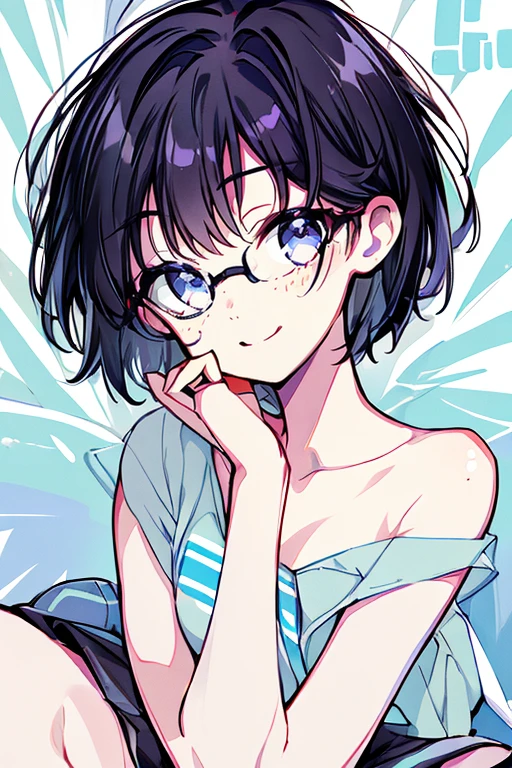 best quality,ultra detailed,supper fine illustration,hires,official art, Woman with short black hair and long, long eyes wearing glasses, full body,  cheerleader, hot, cute, Freckles, many Freckles, Freckles on face, ,  teenager,  lying on bed ,  orgasm,  Head On Pillow ,  lies in bed, sleep,  Light Blue Eyes, Almost naked,  nudes,  American Girl , 紫と白の cheerleaderブラ,  Purple Miniskirt , Small Top,  Big Breasts ,  Hands Spread Over Her Head ,  pale skin,  small,  is short,  curvy body,  teenager, cute smile, Pale White Legs , Bend one leg, 