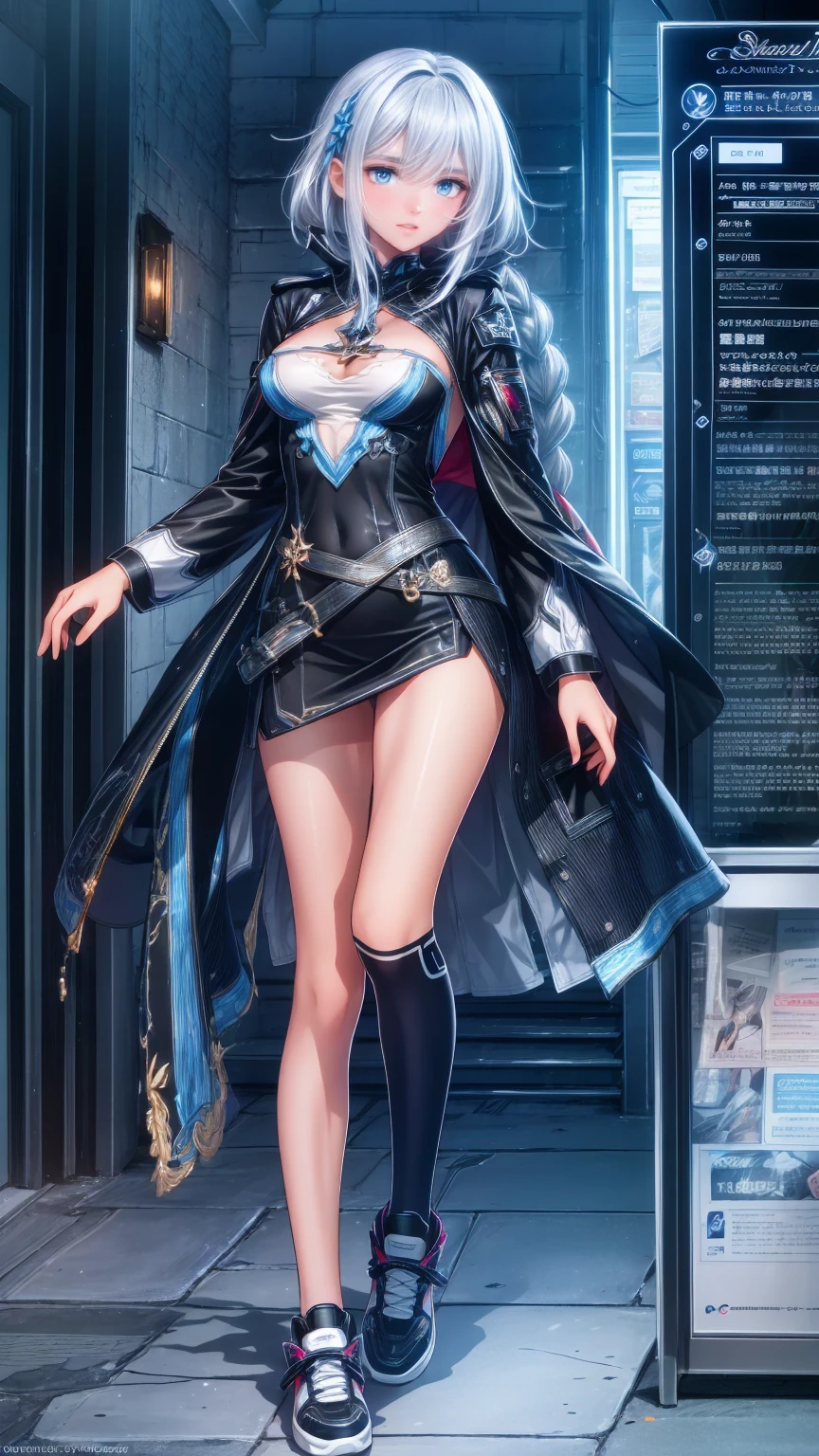 ((best quality)), ((highly detailed)), masterpiece, absurdres, (detailed eyes, deep eyes), <lora:more_details:.5>, (1girl), from below, worm's-eye view, upper body, ((pelvic curtain)), <lora:esdeath:1>, esdeath, akame ga kill!, blue eyes, blue hair, ((very long hair)), tattoo, (smirk), military uniform, military, uniform, white dress, black sleeves, choker, cleavage, collarbone, belt, hat, peaked cap, thigh boots, (white footwear), (((ice))), (outdoors, at a resort, morning), <lora:liangxing-v1:1>, realistic, mature female