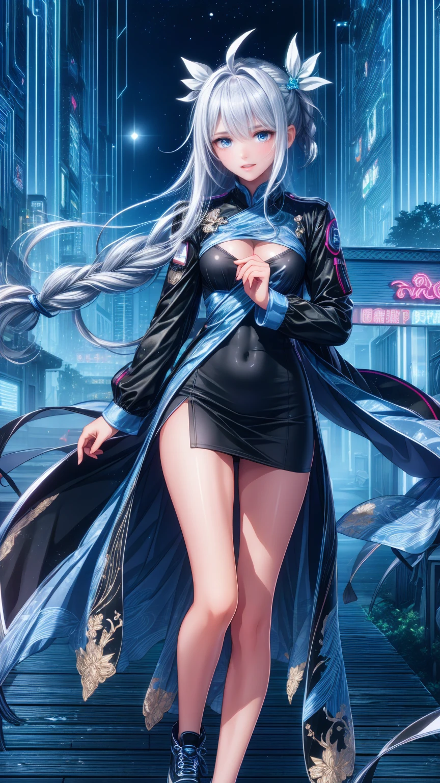 Woman,25 years old,,citys,natta,(((white and blue tight miniskirt bodysuit))),,open mouth smile(())(cups),(()),(()),blush、surprised face,((())),((Turn around and look back))wet with sweat