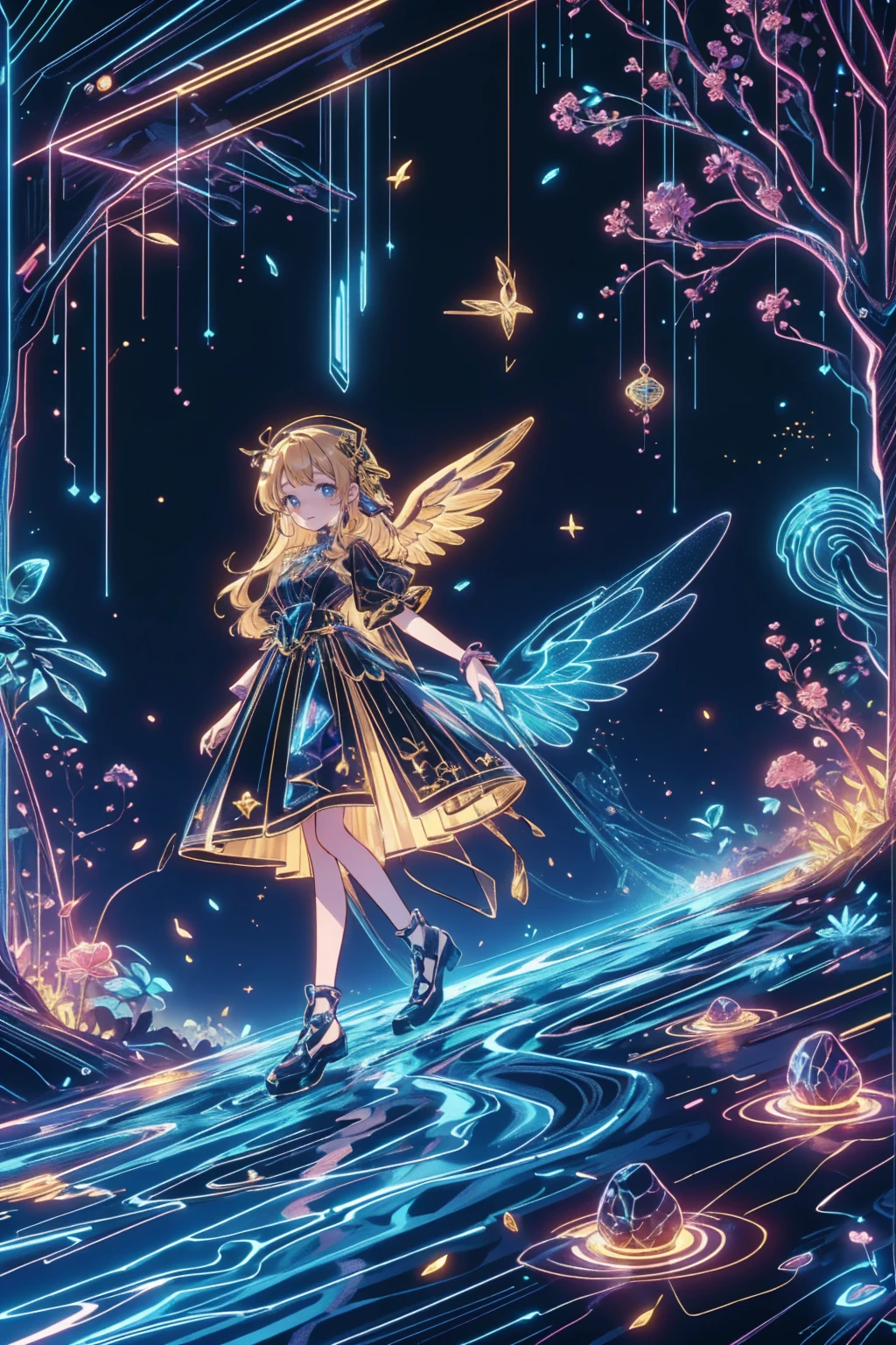 anime 1girl\(cute, pretty, IDEAL ANATOMY, Straight hair, Very Long Hair,floating hairl, smaller, big eyes, Cheerful, Makeup, Angel Wings\(Gold Dust Sparkling\), walk, smile, joy,cute pose,fly,(float in sky:1.3),\). Beautiful Scenery, Clouds, sun shining, summer, forest, Soft Pleasant Color, Detail, (Vegetation), Clear Masterpiece, Dramatic lighting, high definition, High budget, Bokeh, Synescope, Sulky, amazing, nice, film grain, Rough, Masterpiece, top quality, Perfect Anatomy, very aesthetic, Official Art, 8k, Shine, The magic of painting, colored shadow, fantasy,long shot, (dynamic angle:1.4),from above chaos. org@キラキララ