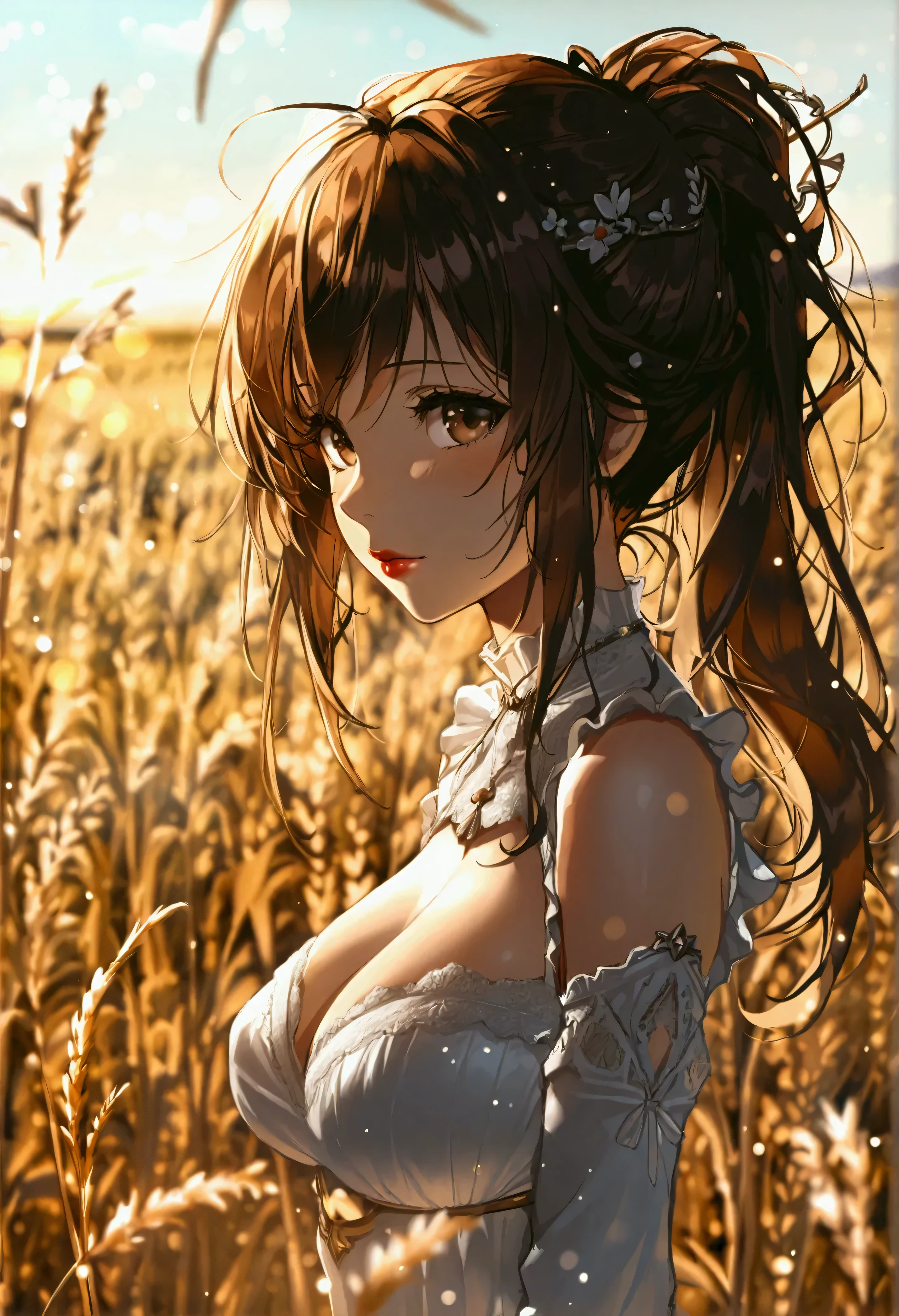 (masterpiece:1.4),, (highest quality:1.4),, Ultra-high resolution,, 8k, CG,, (Very delicate and beautiful:1.2),, , Upper Body,, From the side,, View Viewer,, , One girl,, alone,, Robber Girl,, Mature Girls,, , cute, sweet, ((large breasts:1.2), (huge breasts:1.2), (Uplifted and well-defined bust:1.2), (lifted chest:1.2), (perky breasts :1.2),(deep cleavage:1.4), , In the wheat field,, Blurred Background,, , Long brown hair,, ponytail,, , Brown eyes,, Mouth closed,, Red lips,, , Face blown by the wind,, , White Dress,, Medium chest,