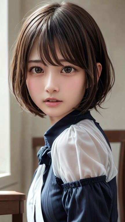 Highest quality, Face Focus, Soft Light, Ultra-high resolution, (Realistic:1.4), RAW Photos,
One of the Japan, alone, cute, (pupil, light in your eyes), Beautiful face in every detail, (Gothic Maid Outfit、Headdress),(High resolution detail of human skin texture),
(Bobcut)、Loose and fluffy hair、
indoor,
(Portraiture)