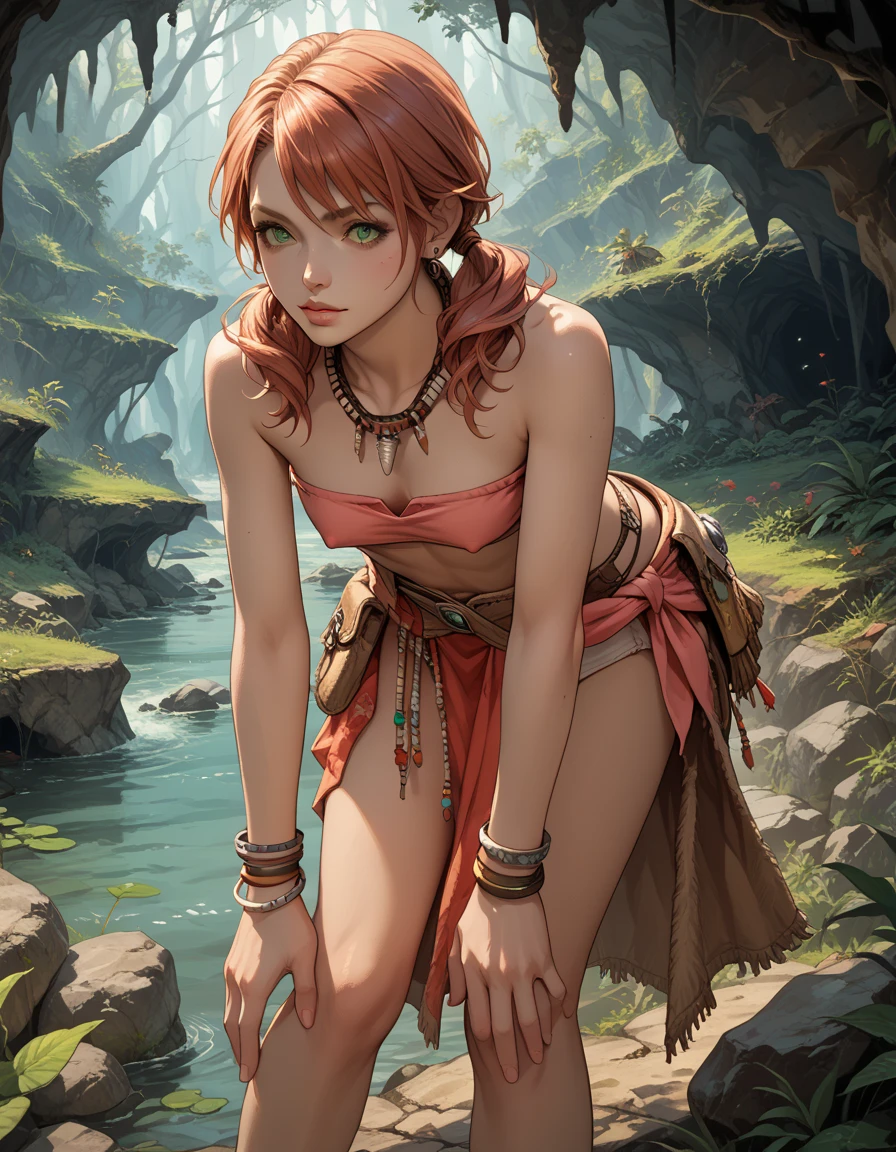 vanille;; twintails, green eyes, tribal jewelry, necklace, bracelet, beads, loose pink tube top, erect nipples, belt, sarong, clothes around waist, high slit in clothes, ((panties showing));; bending forward at waist, spell casting action, (cropped at knees);; inside cave setting;; deep downblouse