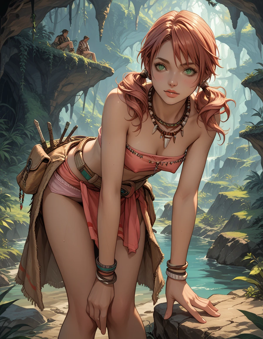 vanille;; twintails, green eyes, tribal jewelry, necklace, bracelet, beads, loose pink tube top, erect nipples, belt, sarong, clothes around waist, high slit in clothes, ((panties showing));; bending forward at waist, spell casting action, (cropped at knees);; inside cave setting;; deep downblouse