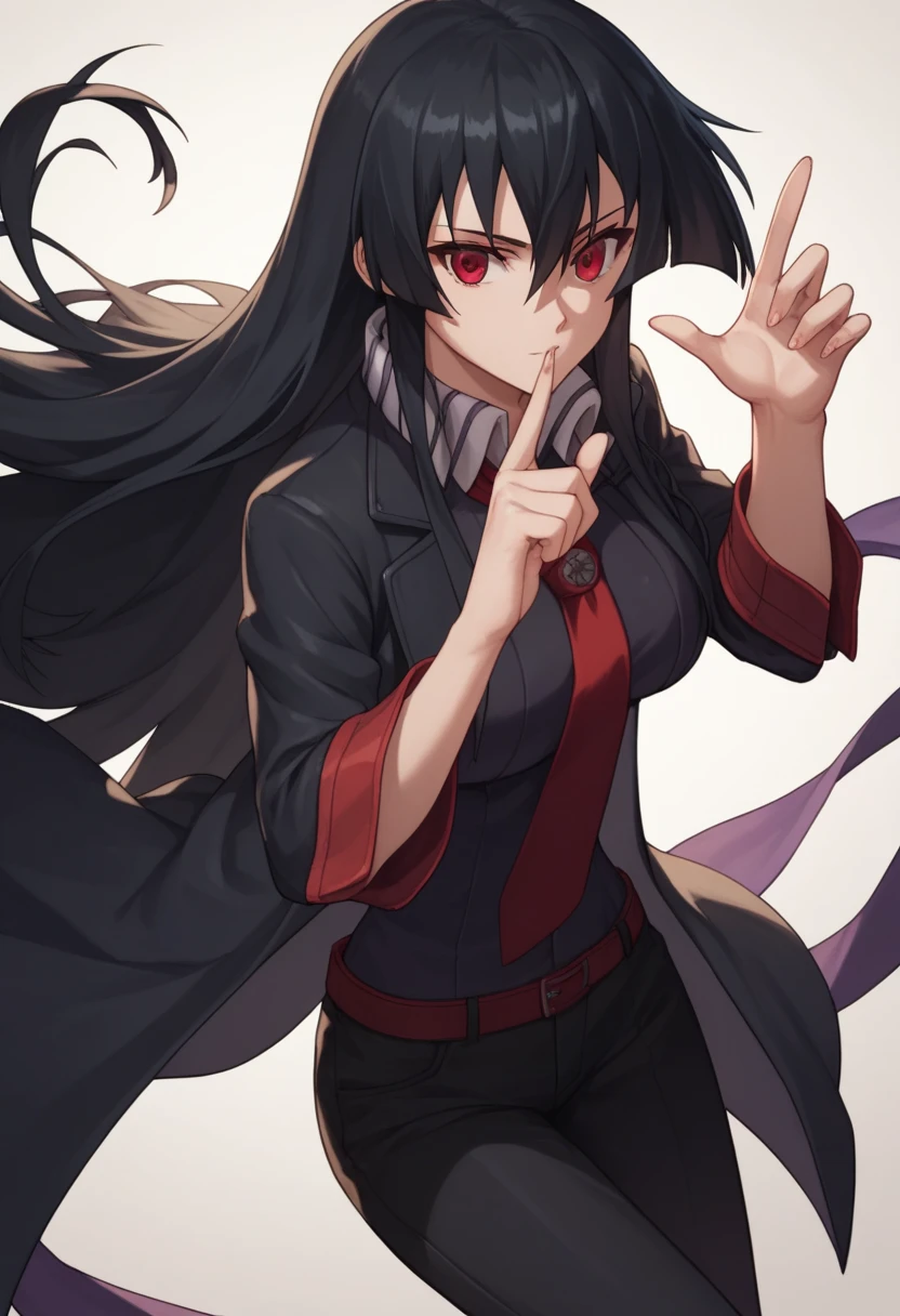 1girl, solo,akame, long hair, black hair, red eyes, hair between eyes,a purple scarf with a normal blue blouse and black pants with a black coat with red eyes and a very serious look perfect eyes, perfect face,expressive eyes,looking at viewer,dynamic pose,perfect hands, perfect anatomy,Beautiful Finger,Beautiful long legs,Beautiful body,Beautiful Nose,Beautiful character design