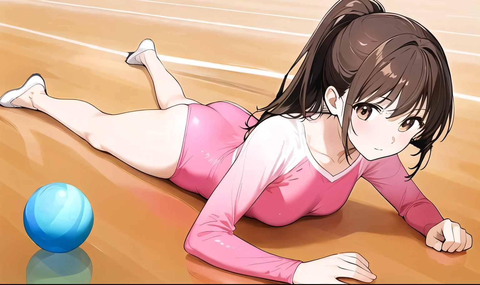 there is a cartoon girl laying on the ground on top of a ball, 1girl, athletic leotard, gymnastics, solo, pink leotard, leotard, brown hair, brown eyes, lying, ball, ponytail, breasts, on stomach, looking at viewer, long hair, bangs, blush, closed mouth, long sleeves, ass