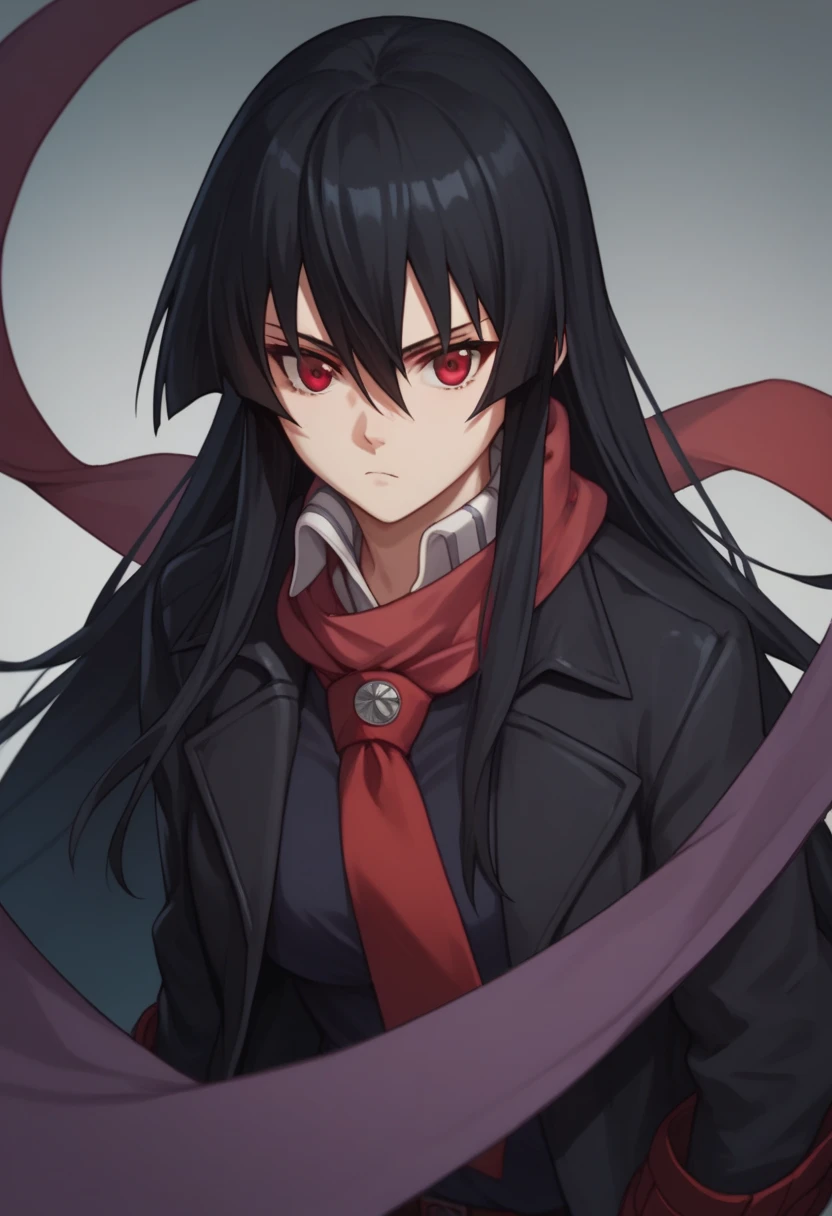 1girl, solo,akame, long hair, black hair, red eyes, hair between eyes,a purple scarf with a normal blue blouse and black pants with a black coat with red eyes and a very serious look perfect eyes