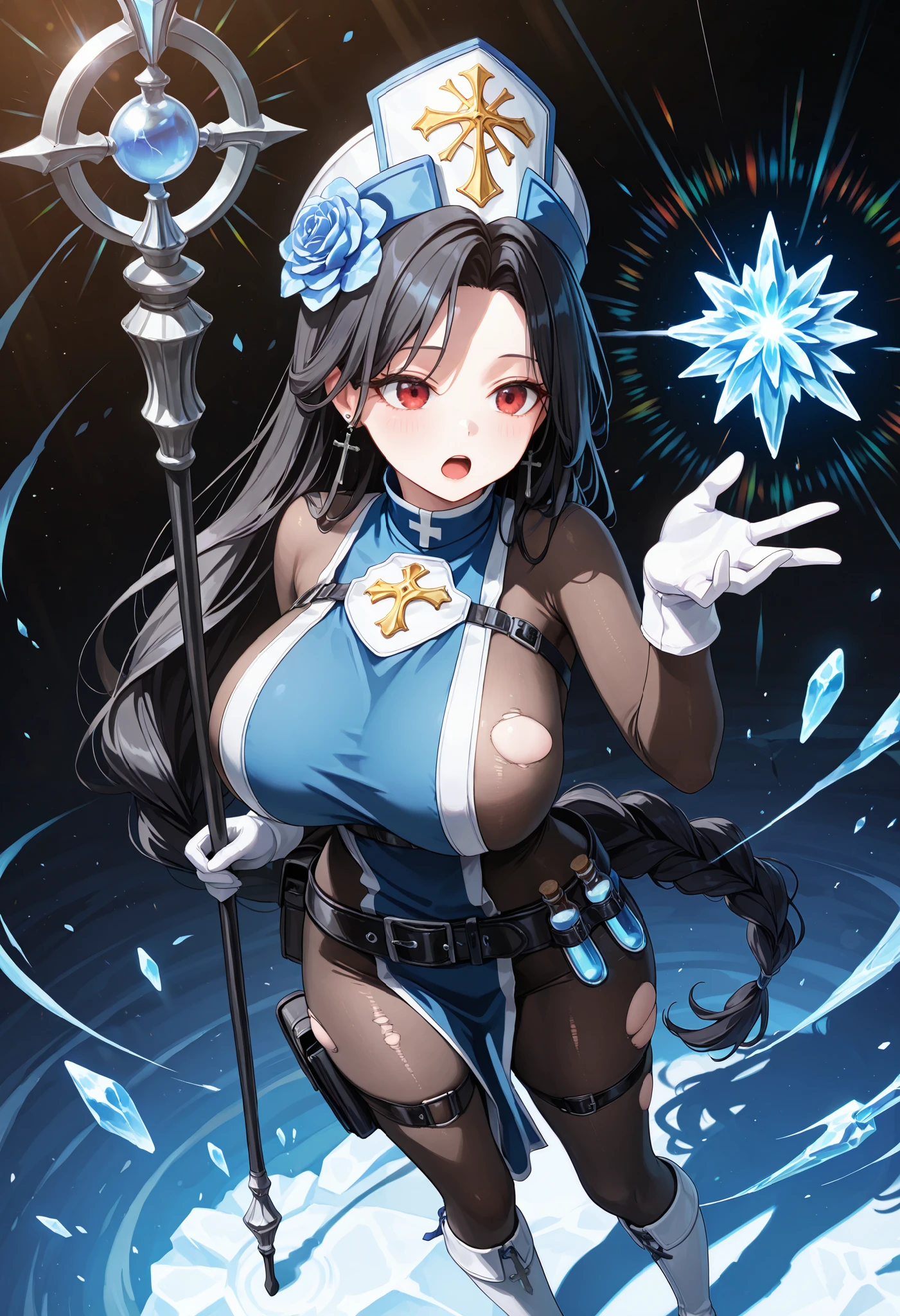 masterpiece, best quality, absurdres, highres, newest, mdnicr, red eyes, black hair, very long hair, braided ponytail, large breasts, blue flower, hair flower, mitre, hat, cross earrings, blue tabard, sideboob, bodystocking, black belt, white gloves, thigh strap, torn bodystocking, white knee boots, standing, staff, holding staff, open mouth, casting spell, ice, blue magic, potion,
lighting effect, extremely colorful, vibrant, colorful, detailed light, light leaks, beautiful detailed glow, best shadow, cinematic lighting, ray tracing, sidelight