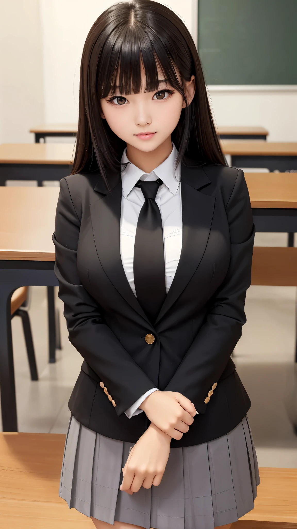 ((high quality)), ((Tabletop)), (Detailed face), (highlight),　Asian Girl、Big breasts、thigh、Black Hair、Heavy bangs、high school girl、skirt、blazer、