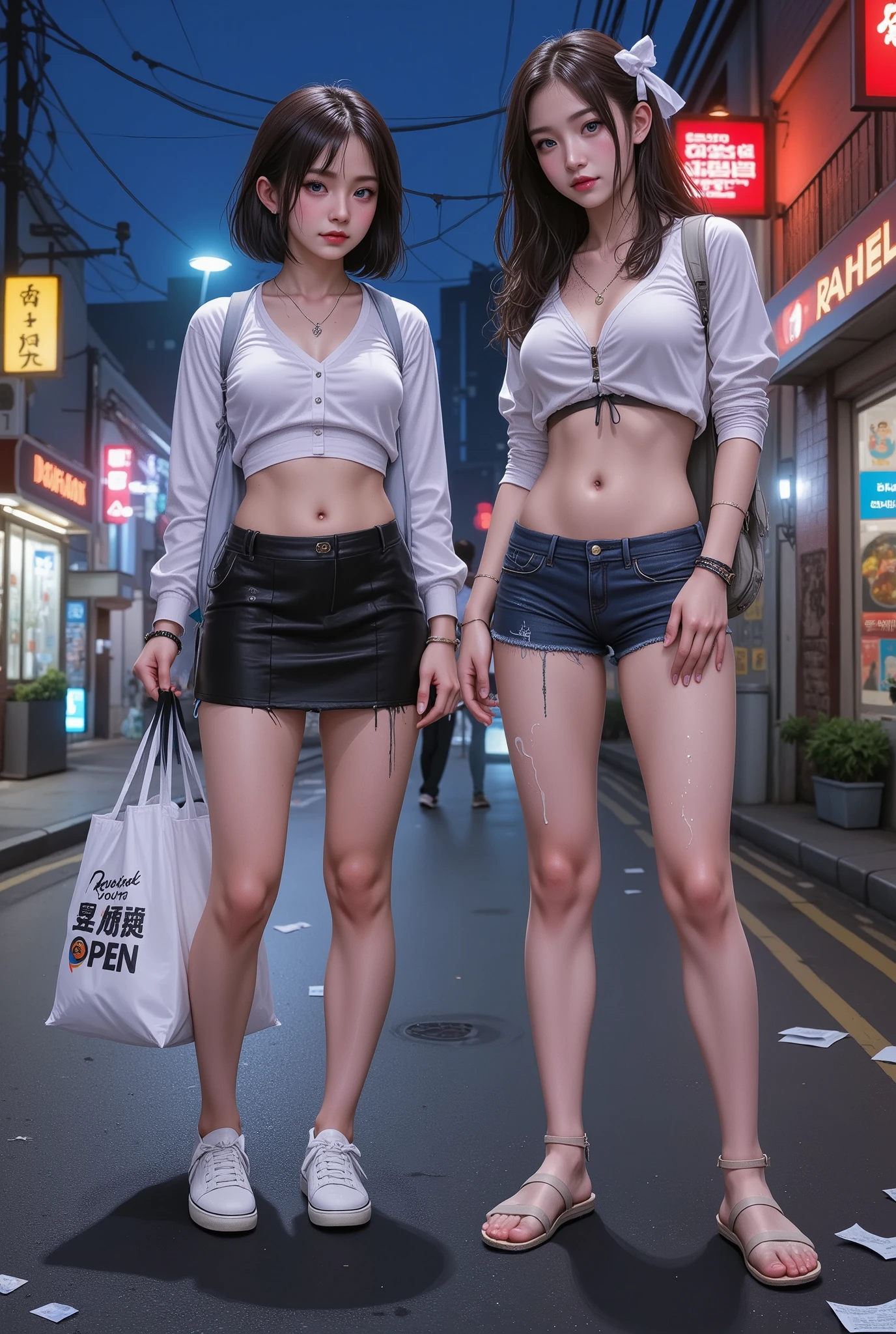 nsfw, low ambient light, flash, super detailed, photorealistic, 2girl, (beautiful girl, street prostitute, illegal), full body, korean girl,
(high resolution, masterpiece, highest quality:1.4), realistic, photo, amazing detail, 8k, high resolution, amazing many layers,
2girl, beautiful girls, Toyoko s, begging girls, poor girls, runaway girls, menhera girls, colorful, two girls standing, one is squatting, two girls have height difference, one is a bit chubby, one has a lot of freckles, two girls have different hairstyles, one has super big boobs, one has a super mini skirt, one is wet,
girls wear simple casual wear of their own choice,
girls wear gothic lolita clothes,
girls wear hairstyles of their own choice,
The girls are dirty,
The girls' clothes are ragged,
The girls' clothes are dirty,
The girls' clothes are damaged,
The girls are wearing cheap hair accessories, cheap necklaces, cheap bracelets, cheap anklets,
The girls are carrying dirty carrier bags,
The girls are carrying shopping bags full of plastic bottles and snacks,
They are carrying smartphones, freckles,
One girl's bottoms have urine stains,
One girl is leaking urine, with the urine running down her legs,
One girl has her clothes pulled up to expose her breasts,
Downtown at night, a park at night,
Garbage scattered on the street,