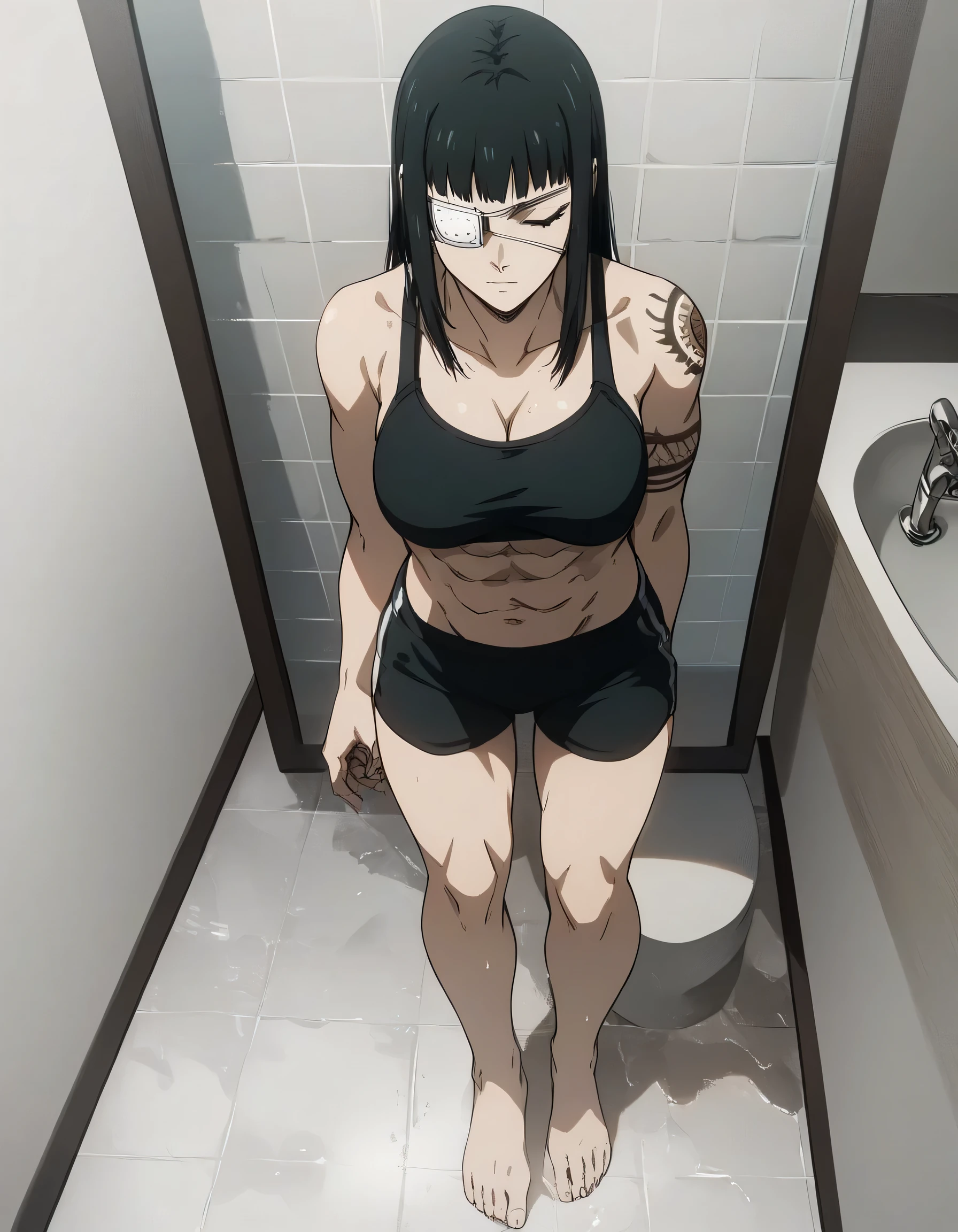 score_9, score_8_up, score_7_up,score_6_up,high resolution,source_anime,s0fiavalm3t,1girl,eyepatch,black hair,long hair,,dramatic shadow,full body,eyes closed,pov,suspended in air, tattoos on shoulder,wearing sport bra,black  Elastic fibers sport shorts,Barefoot,in bathroom,looking at mirror,wet face,reviewing from behind back valmet,hands in sink,standing a front of mirror,reviewing from above 