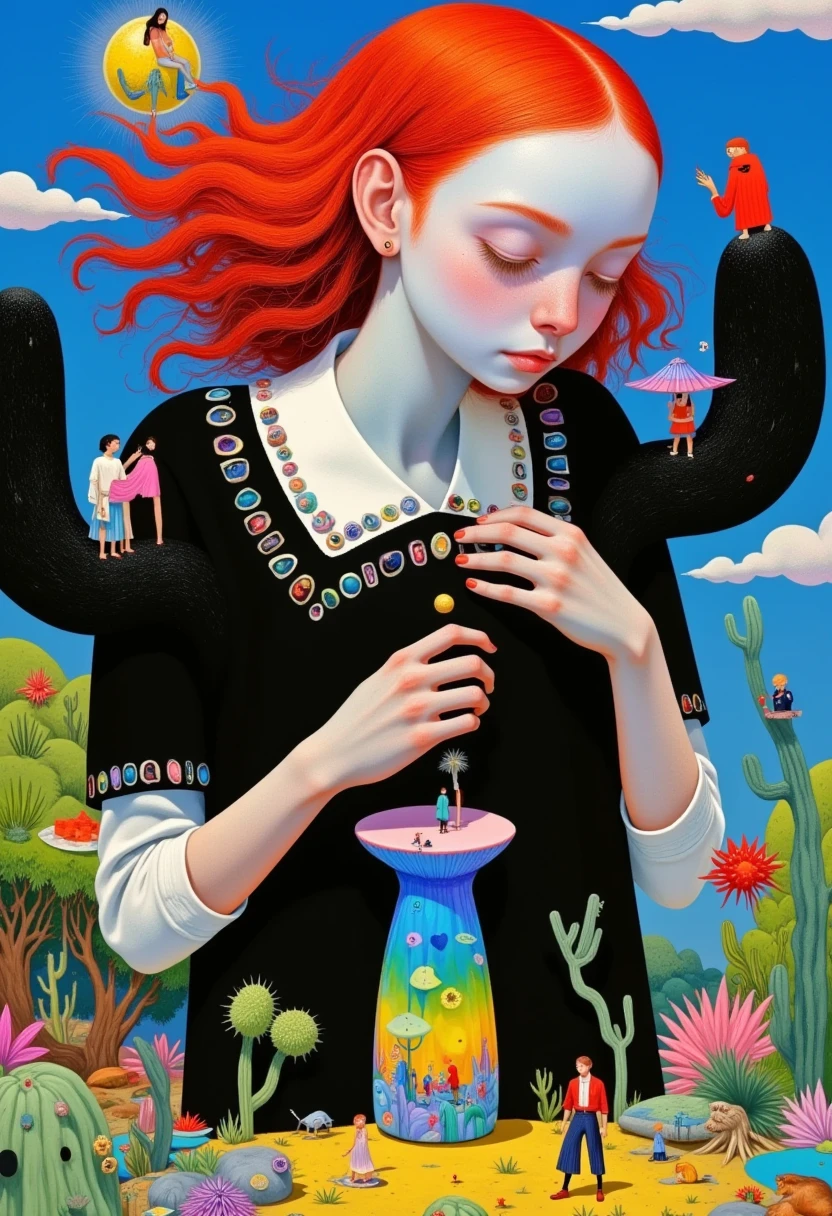  red hair by Martina Johanna   、   painting of a woman in a black dress  ,   Surrealist painting , tumblr,   pop surrealism, Jane Newland,  Colorful illustration , Pop Surrealism,   pop surrealism art style,  Just a joke ,  Beeple 和 Jeremiah Ketner , Dream illustration  , Colorfull illustration, lowbrow   pop surrealism,   colorful flat surreal ethereal  