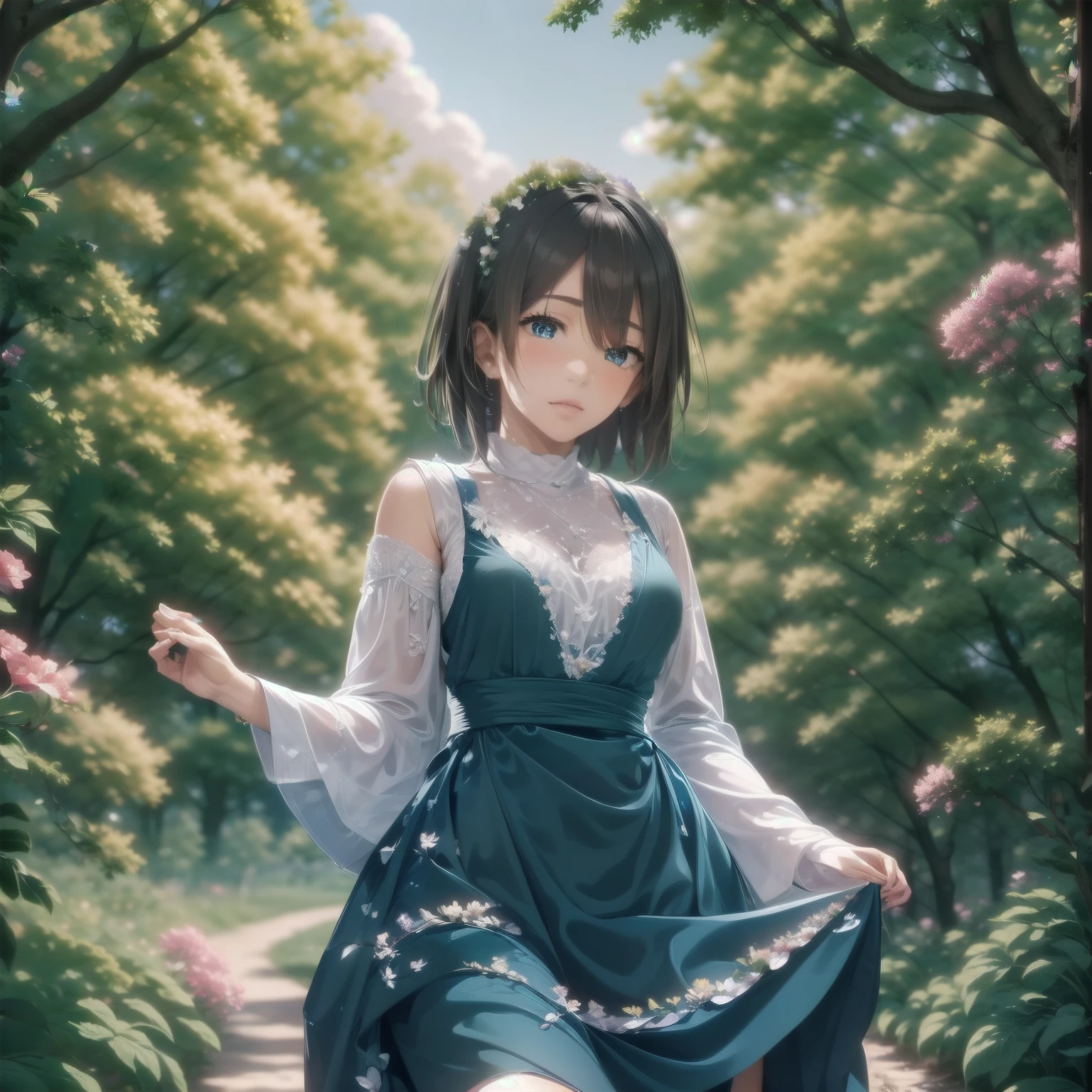 girl in a   colorful   Field of flower, wearing a flowing   dress, holding a basket of Wildflowers, with sunlight streaming through the tree々 Background, surrounded by   butterfly   and bird, in a Dreamy and   vibrant  Painting style, with a warm and Cheerful color palette, and   soft,  diffuse lighting. ( top quality,4K,8k,  high definition ,    masterpiece    :1.2),  super detailed,(  realistic  ,photo  realistic  ,photo-  realistic  :1.37),   medium submerged  :Painting, beautiful detailed eyes in atata ,  、蝶とbird   ,  extremely detailed eyes and face  ,  has long eyelashes,  Portraits,  colorful  ,  sunshine on stilet ,flower,Field,  dress,basket,Wildflowers,sunlight,tree々,  butterfly  ,bird,Dreamy,   vibrant ,warm,Cheerful,  soft,  diffuse lighting