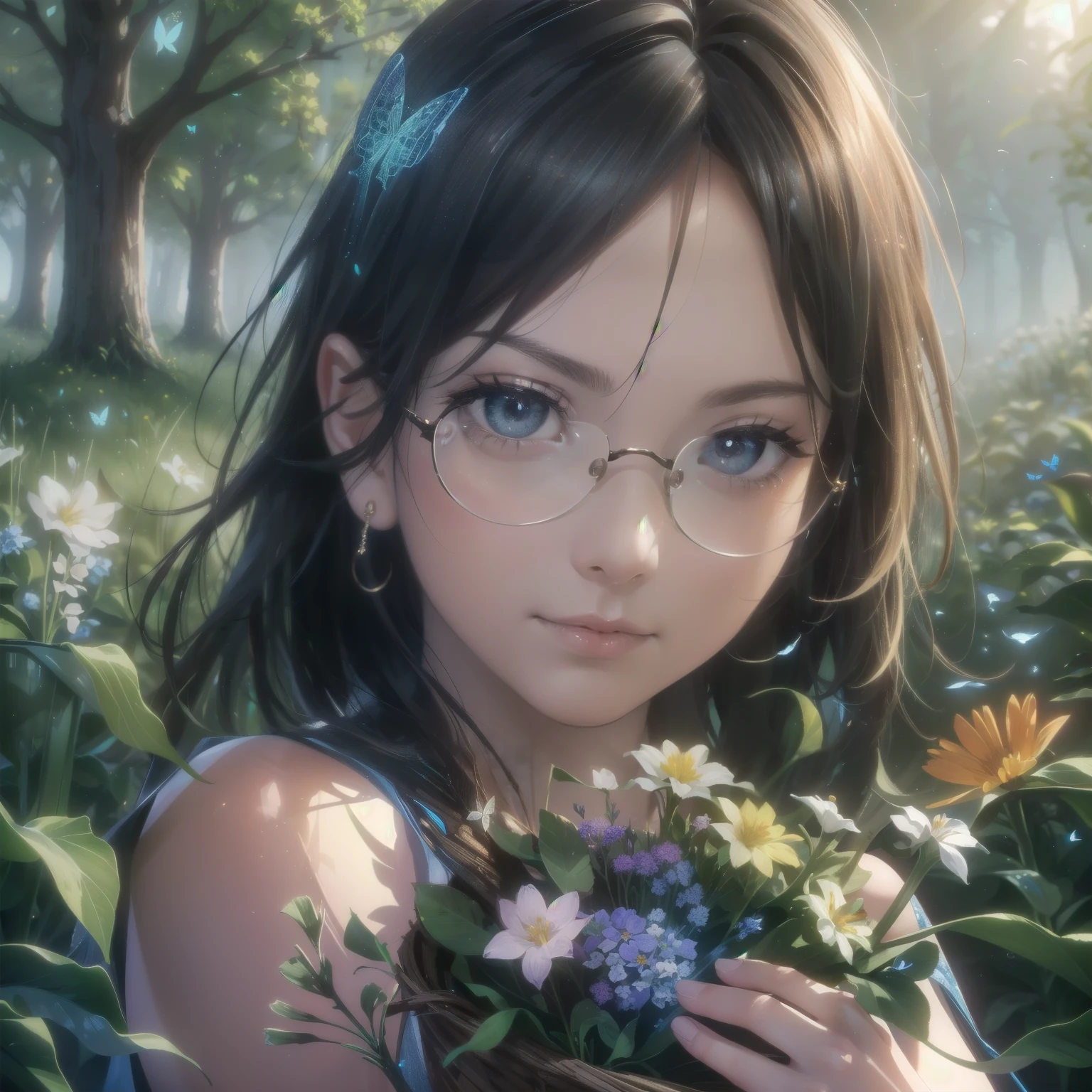 girl in a colorful Field of flower, wearing a flowing dress, holding a basket of Wildflowers, with sunlight streaming through the tree々 Background, surrounded by butterfly and bird, in a Dreamy and vibrant Painting style, with a warm and Cheerful color palette, and soft, diffuse lighting. ( top quality,4K,8k, high definition , masterpiece :1.2), super detailed,( realistic ,photo realistic ,photo- realistic :1.37), medium submerged :Painting, beautiful detailed eyes in atata , 、蝶とbird , extremely detailed eyes and face , has long eyelashes, Portraits, colorful , sunshine on stilet ,flower,Field, dress,basket,Wildflowers,sunlight,tree々, butterfly ,bird,Dreamy, vibrant ,warm,Cheerful, soft, diffuse lighting, ((Glasses))