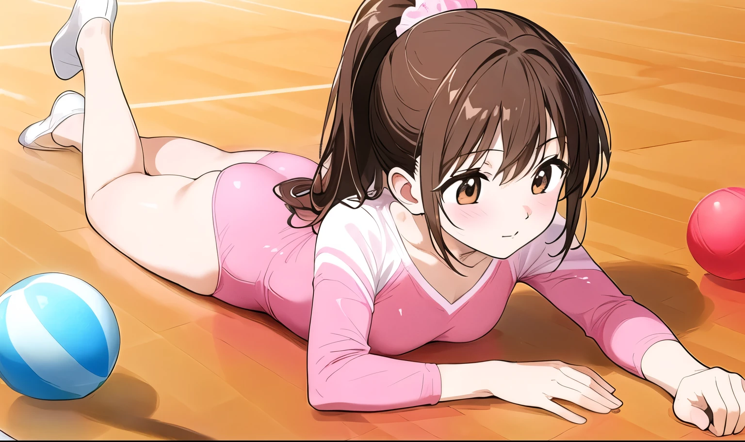 there is a cartoon girl laying on the ground on top of a ball, 1girl, athletic leotard, gymnastics, solo, pink leotard, leotard, brown hair, brown eyes, lying, ball, ponytail, breasts, on stomach, looking at viewer, long hair, bangs, blush, closed mouth, long sleeves, ass