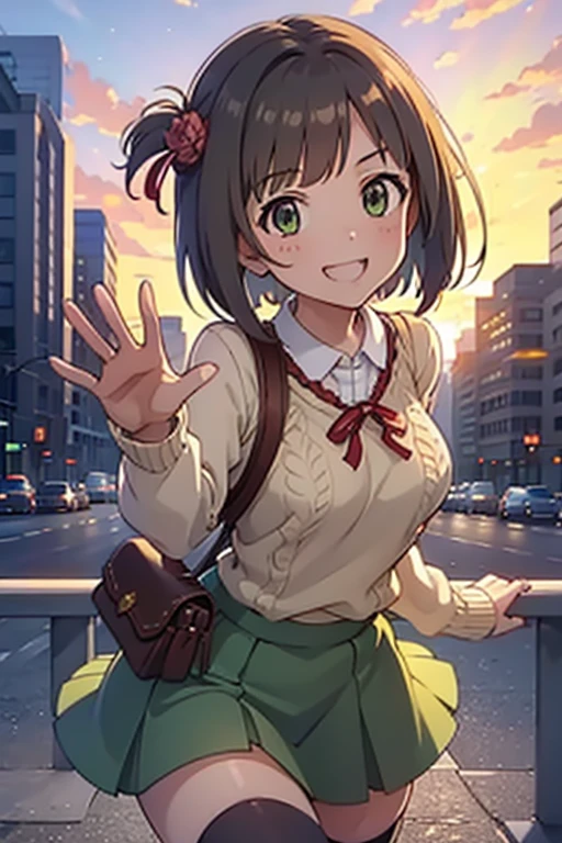 woman, cheerful grin, waving at the camera, looking at viewer, short hair, brown hair, green eyes, slim, beautiful breasts, sweater, mini skirt, hair ribbon, thighhighs, waist pouch, 20-year-old, in the city, with a rainbow, with a flower, in the evening, cute, cel anime, soft lines, upper body, from front, golden hour