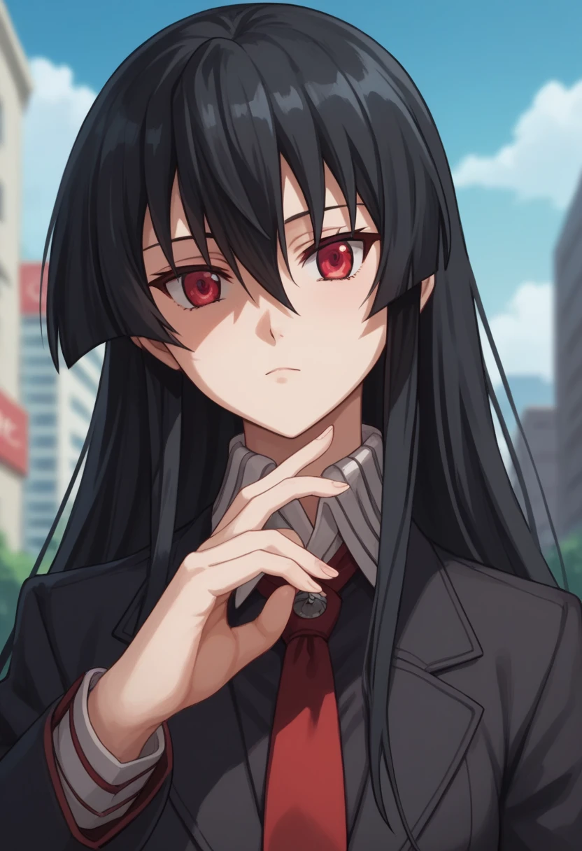 1girl, solo,akame, long hair, black hair, red eyes, hair between eyes,Anime girl in a suit and tie ,perfect eyes, perfect face,expressive eyes,looking at viewer,perfect hands, perfect anatomy,outdoors, city, sky,blurry background