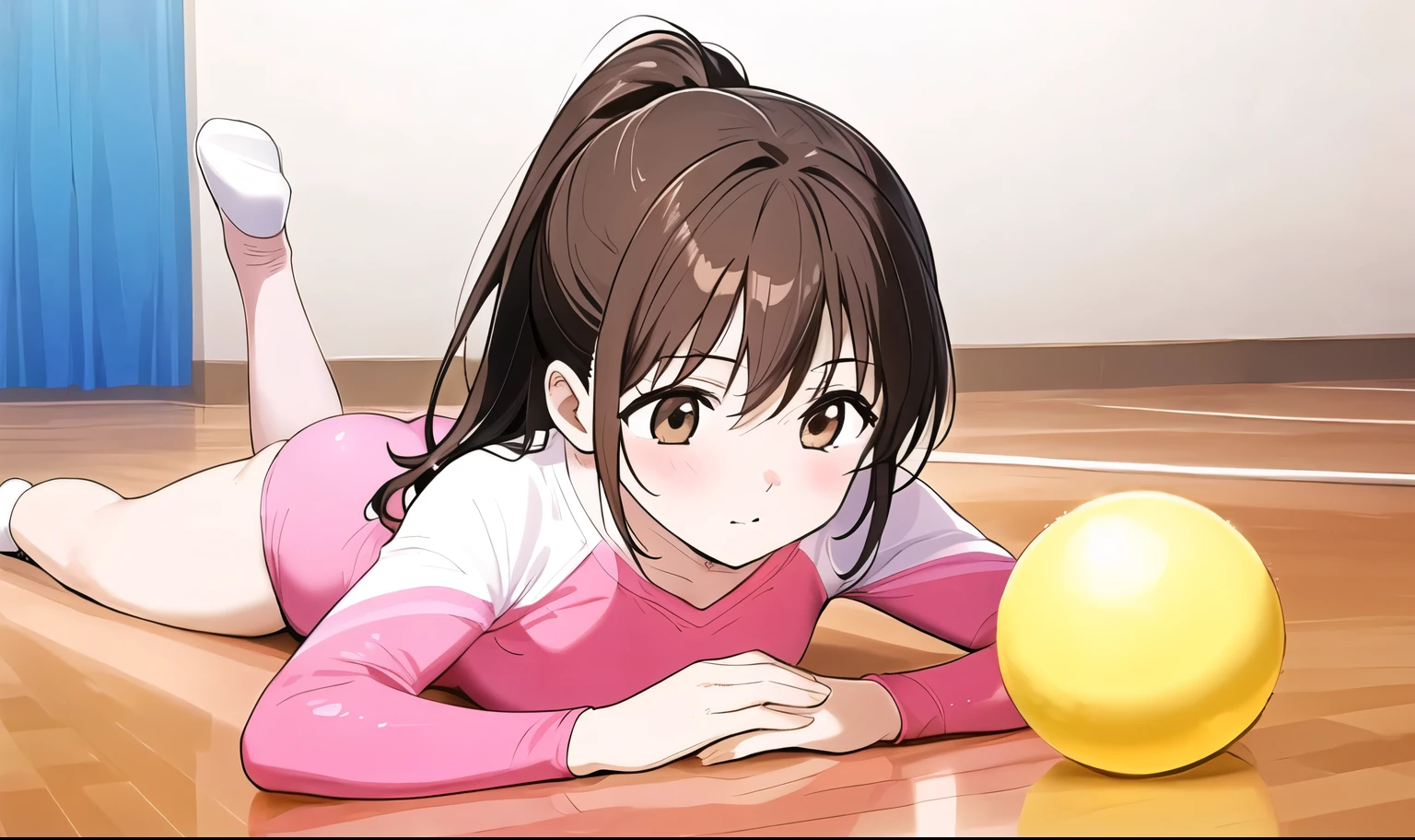 there is a cartoon girl laying on the ground on top of a ball, 1girl, athletic leotard, gymnastics, solo, pink leotard, leotard, brown hair, brown eyes, lying, ball, ponytail, breasts, on stomach, looking at viewer, long hair, bangs, blush, closed mouth, long sleeves, ass