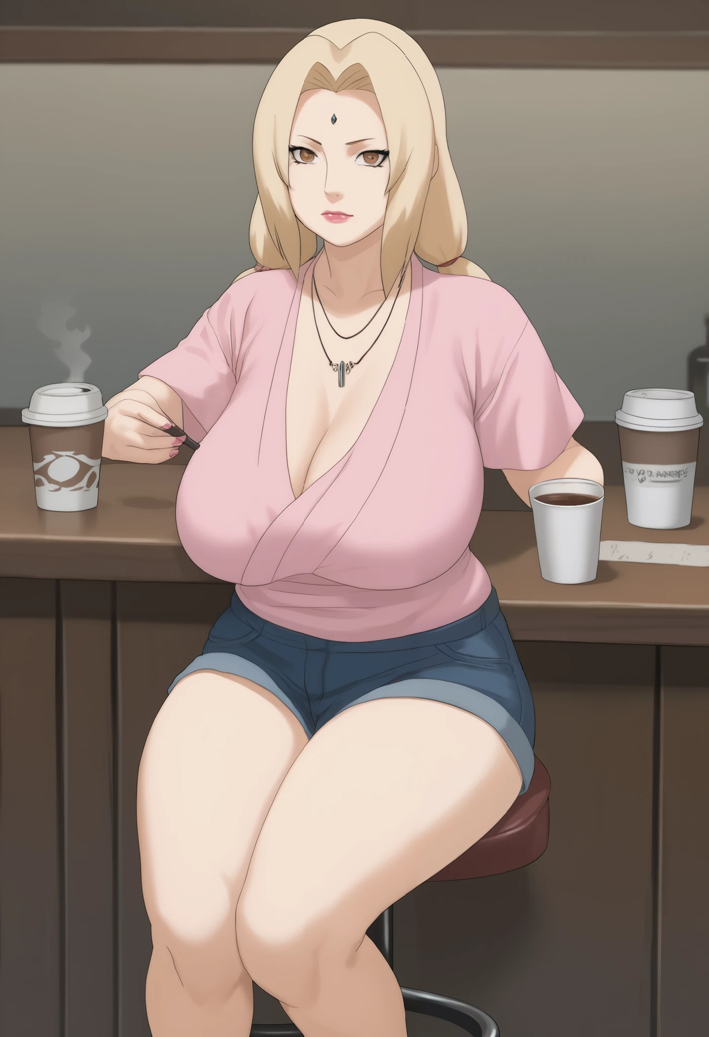 Tsunade Senju. Grandmother. long, blond hair tied in two ponytails. Coffee eyes.  pink lipstick. huge sagging breasts. bbw. necklace. shorts. shirts. bar.. sitting