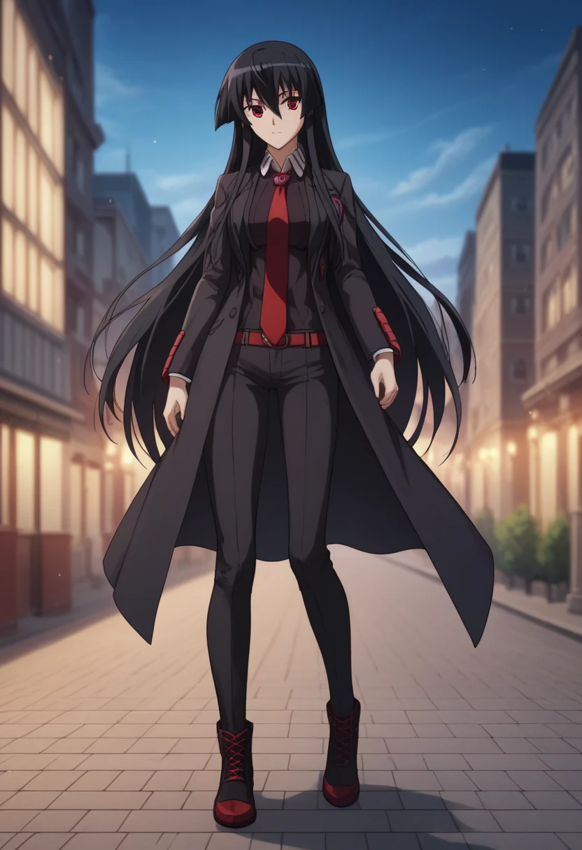 (masterpiece:1.0),(best_quality:1.0),full body,Beautiful character design,Beautiful Finger,1girl, solo,akame, long hair, black hair, red eyes, hair between eyes,Anime girl in a suit and tie ,perfect eyes, perfect face,expressive eyes,looking at viewer,perfect hands, perfect anatomy,outdoors, city, sky,blurry background