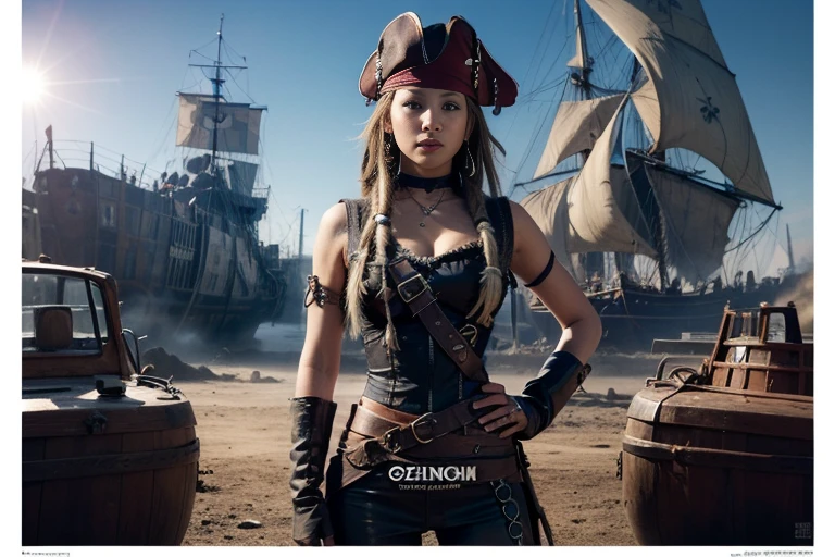 ((( magazine cover ))), ((( poster art))) , ( High Definition CG Unity 8K Wallpaper ,  top quality,  super detailed,  camera :1.2,  light shines on the face:1.5,  gray background ,  Professional Writing ),  a perfectly beautiful 20-year-old Japanese female pirate, (((Pirate Costume))), Sharp Eye, ((( magazine cover ))), ((( poster art))) ,  the deck of an old sailboat pirate ship .The background is a desolate ocean , (The world of Mad Max), ( standing with her hands on her hips ), (( dreadlocks)),